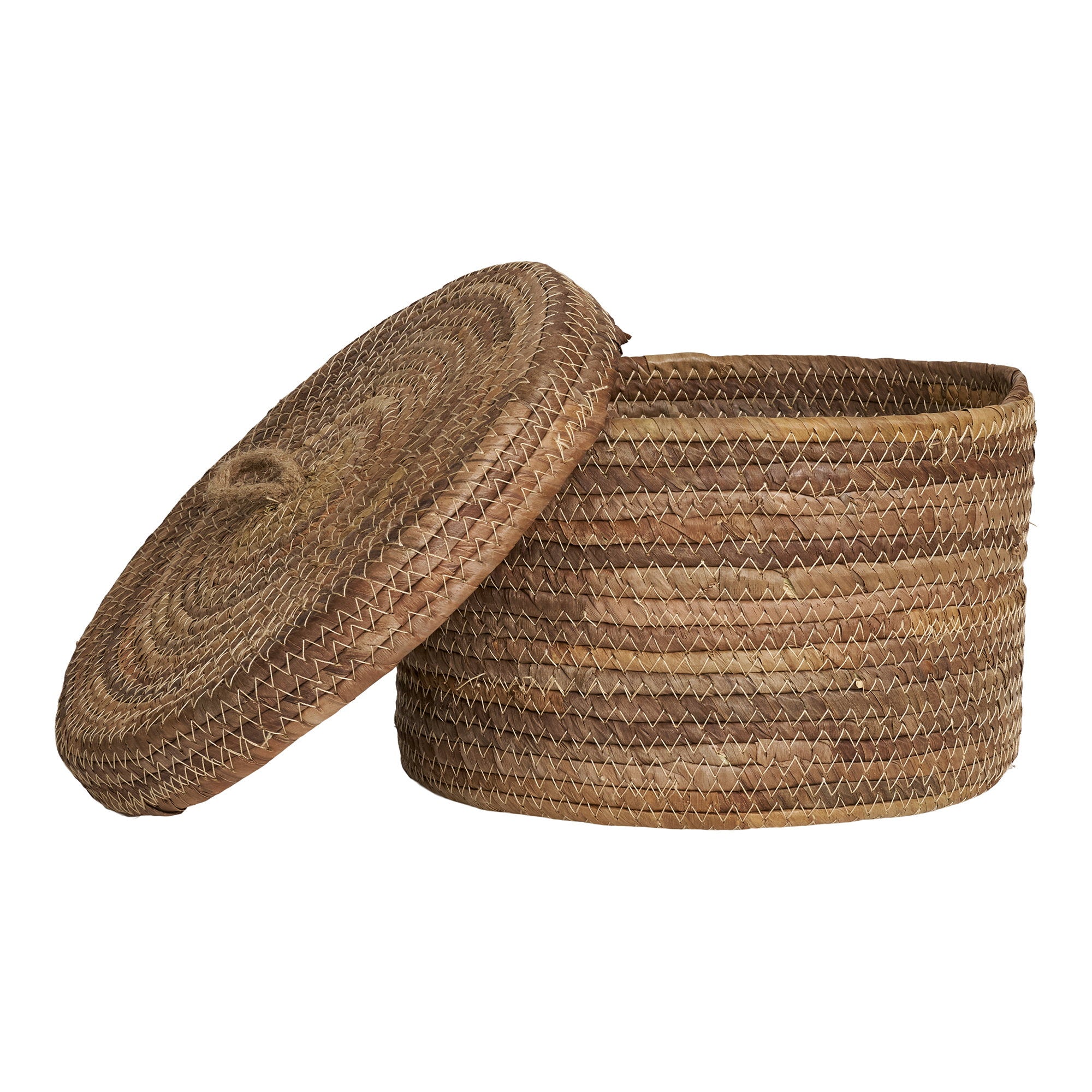 Panier Desio feuille bananier couvercle ouvert vue plongeante tressage spiralé dense