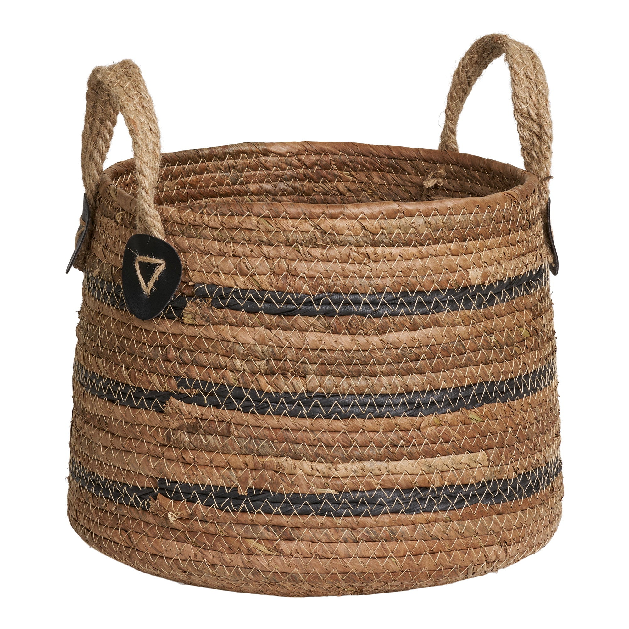 Grand panier Erba feuille bananier rayures noires anses jute médaillon cuir noir Ø39 cm