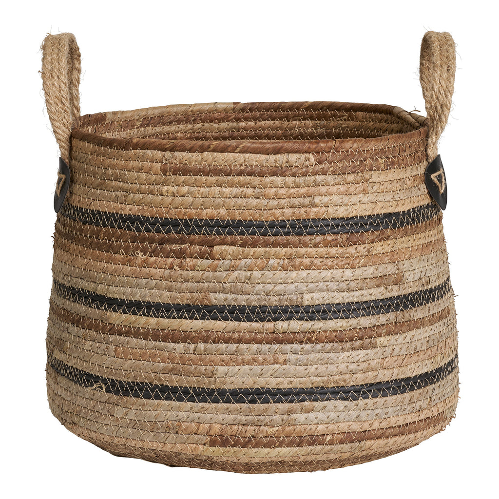 Grand panier Erba bananier naturel rayures noires silhouette ventrue anses jute vue face