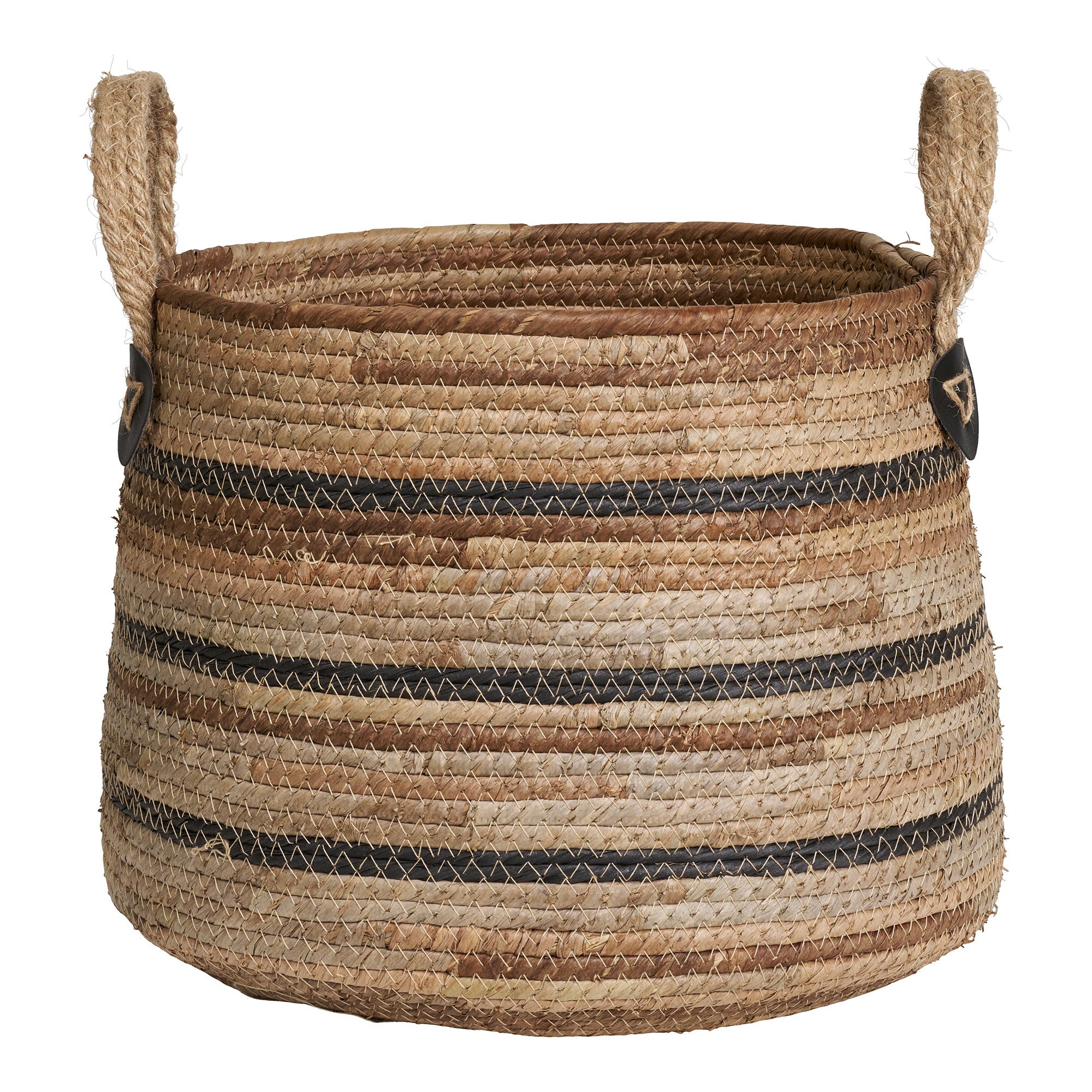 Grand panier Erba bananier naturel rayures noires silhouette ventrue anses jute vue face