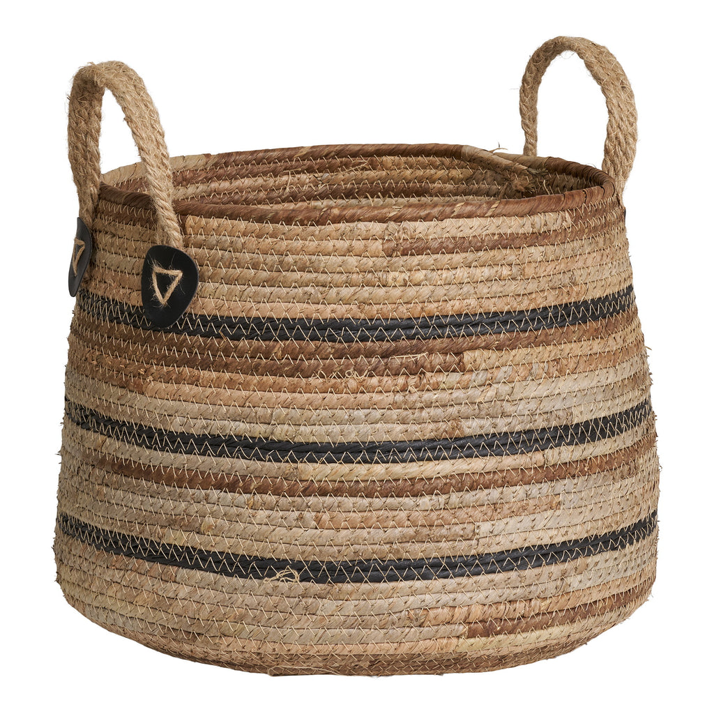 Petit panier Erba feuille bananier rayures noires anses jute Ø30,5 cm vue trois quarts