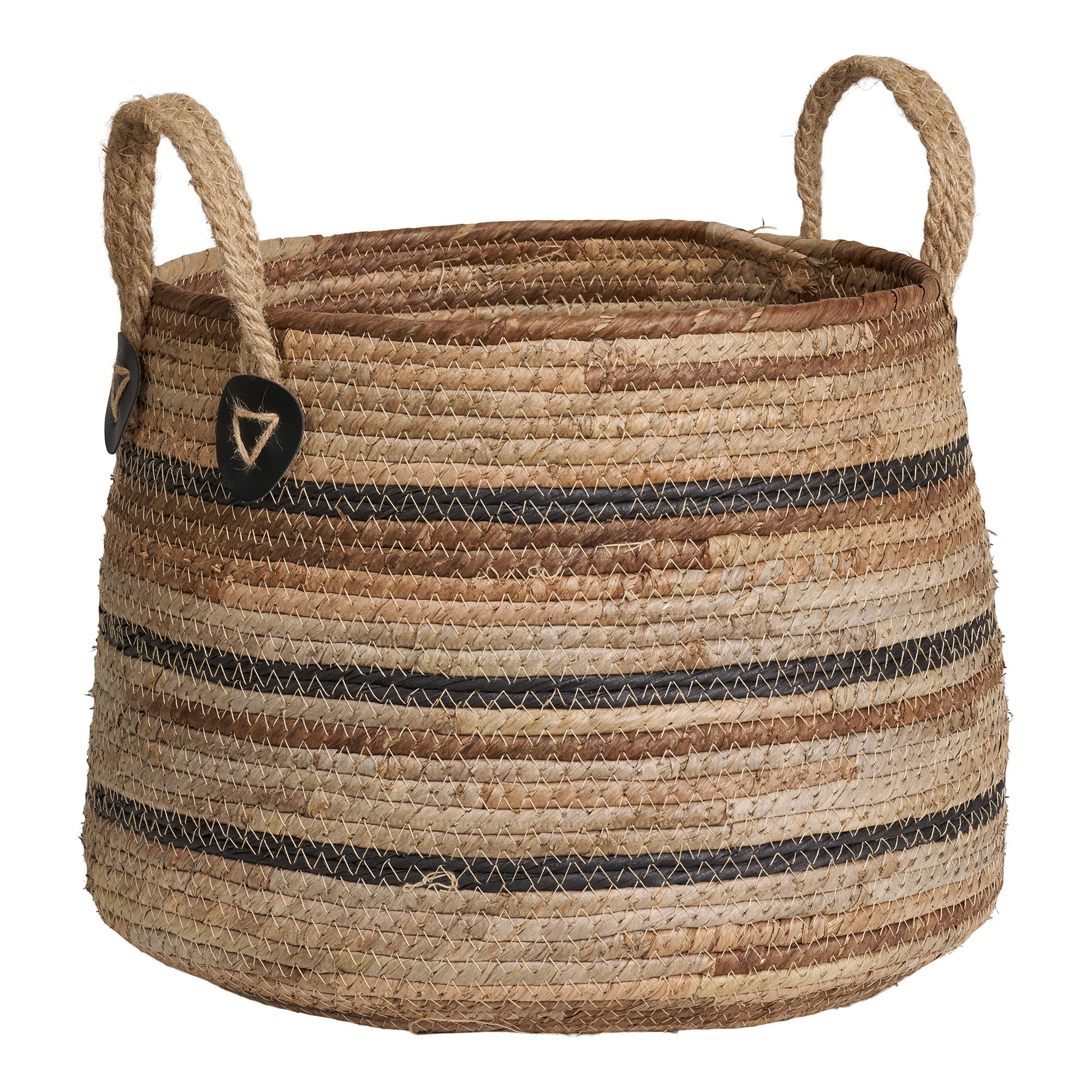 Petit panier Erba feuille bananier rayures noires anses jute Ø30,5 cm vue trois quarts