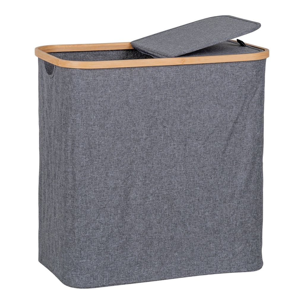 Panier à linge Noto gris foncé bambou couvercle ouvert double compartiment vue trois quarts