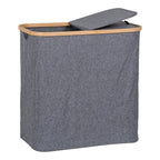 Panier à linge Noto gris foncé bambou couvercle ouvert double compartiment vue trois quarts