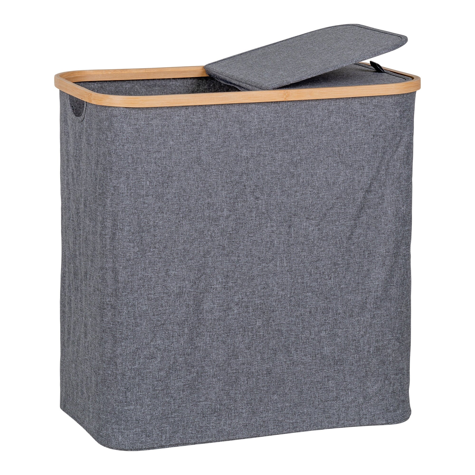 Panier à linge Noto gris foncé bambou couvercle ouvert double compartiment vue trois quarts