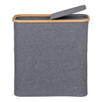 Panier linge Noto tissu gris ardoise bordure bambou couvercle entrouvert vue de face