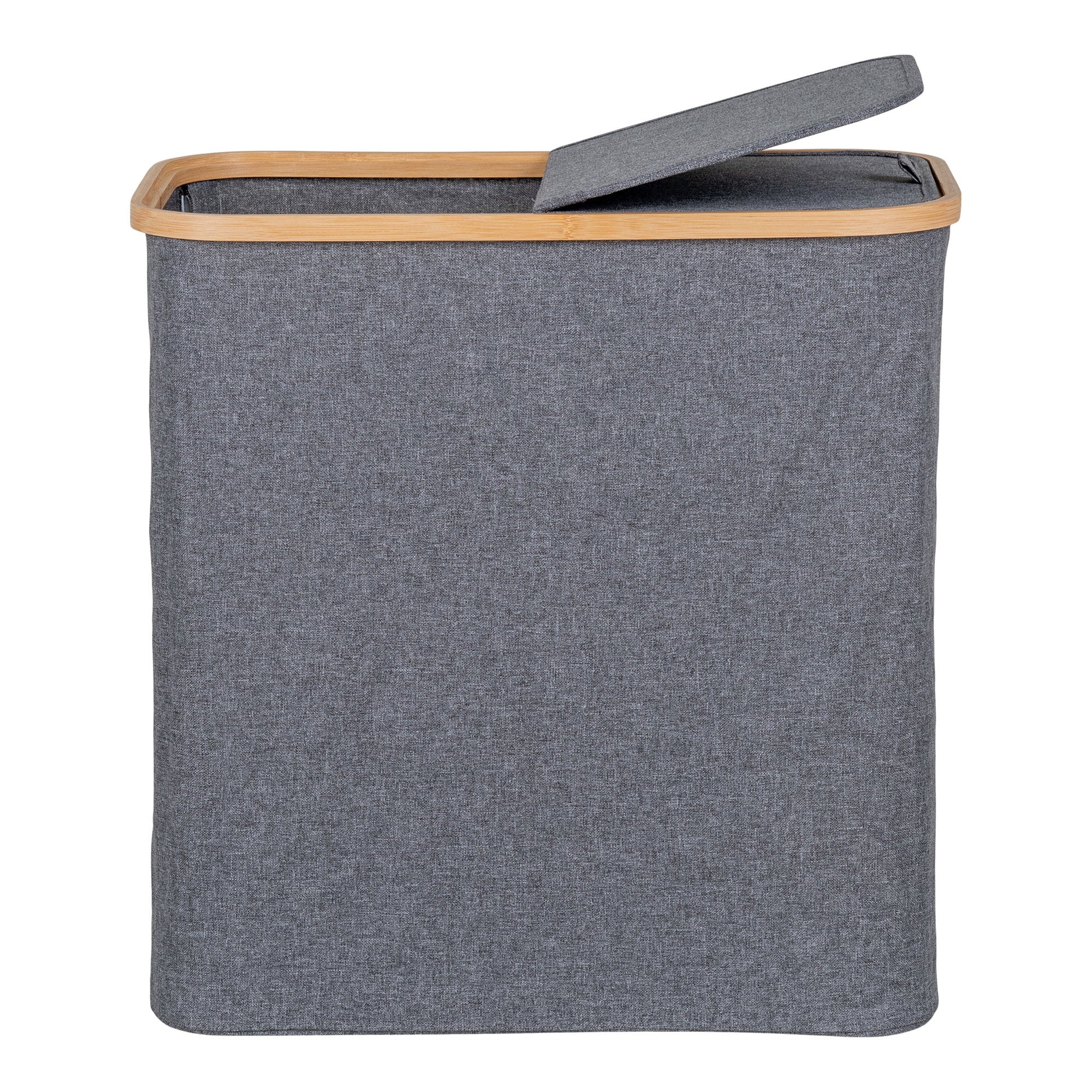 Panier linge Noto tissu gris ardoise bordure bambou couvercle entrouvert vue de face