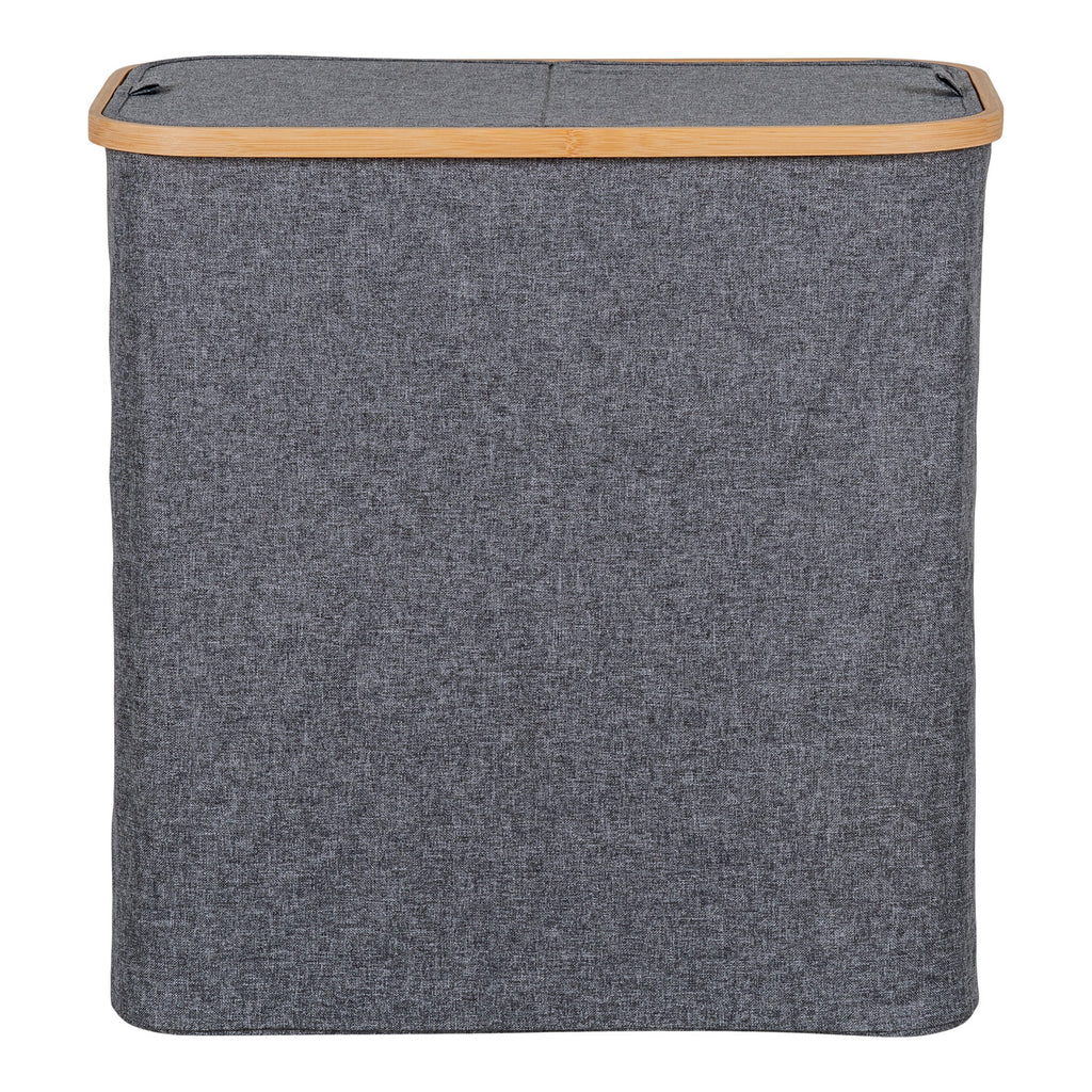 Panier linge Noto double compartiment tissu gris bambou naturel couvercle fermé face