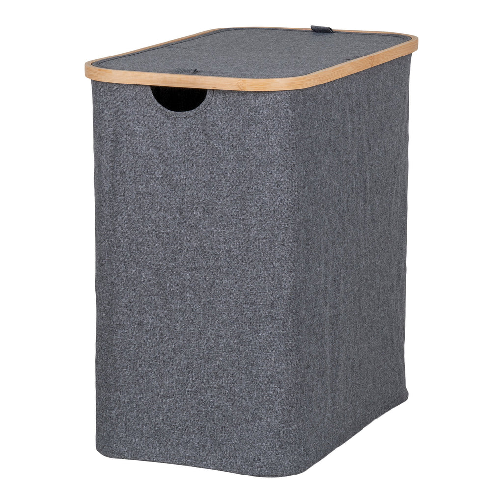 Panier à linge Noto 54x33x54 cm gris foncé bambou FSC couvercle fermé vue trois quarts