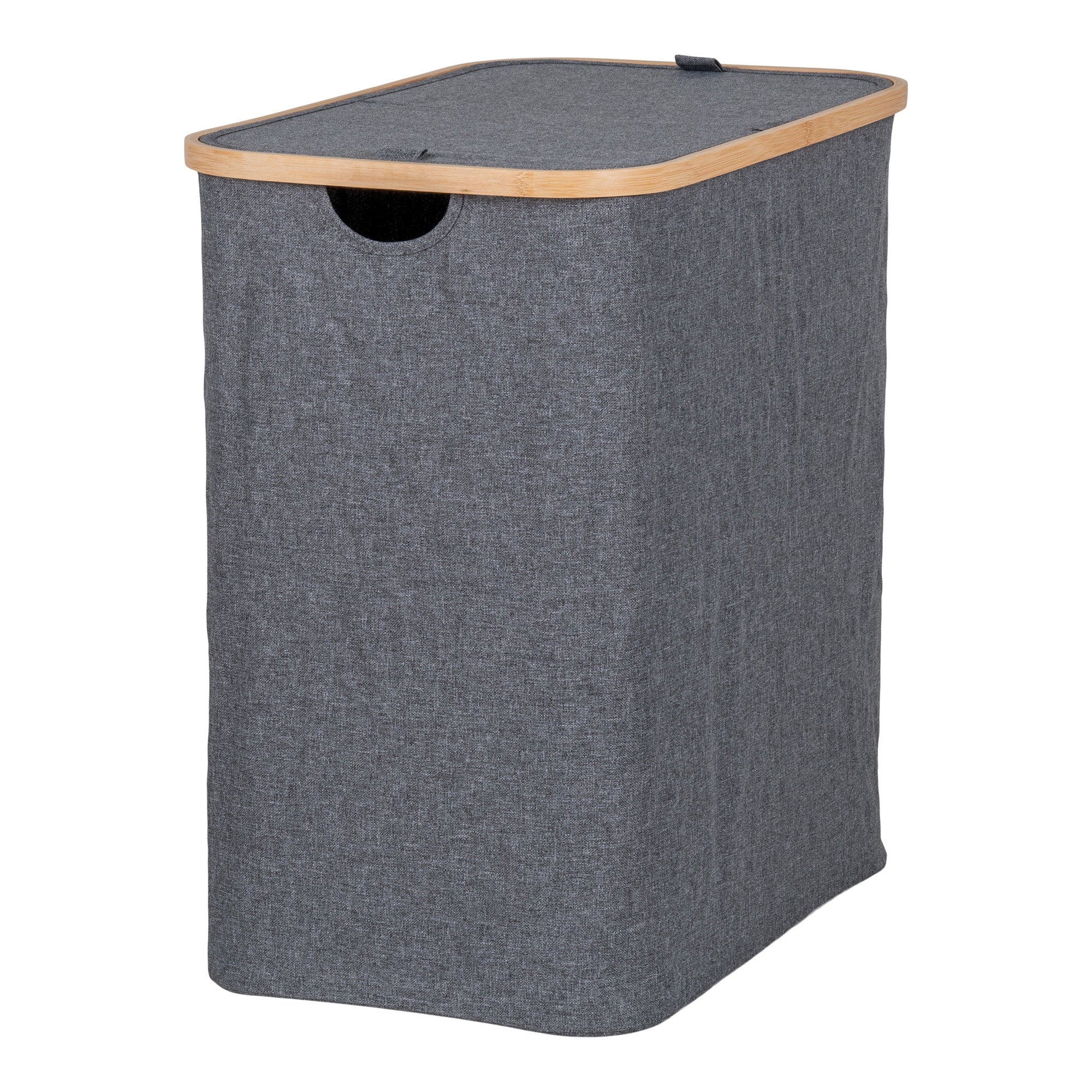 Panier à linge Noto 54x33x54 cm gris foncé bambou FSC couvercle fermé vue trois quarts