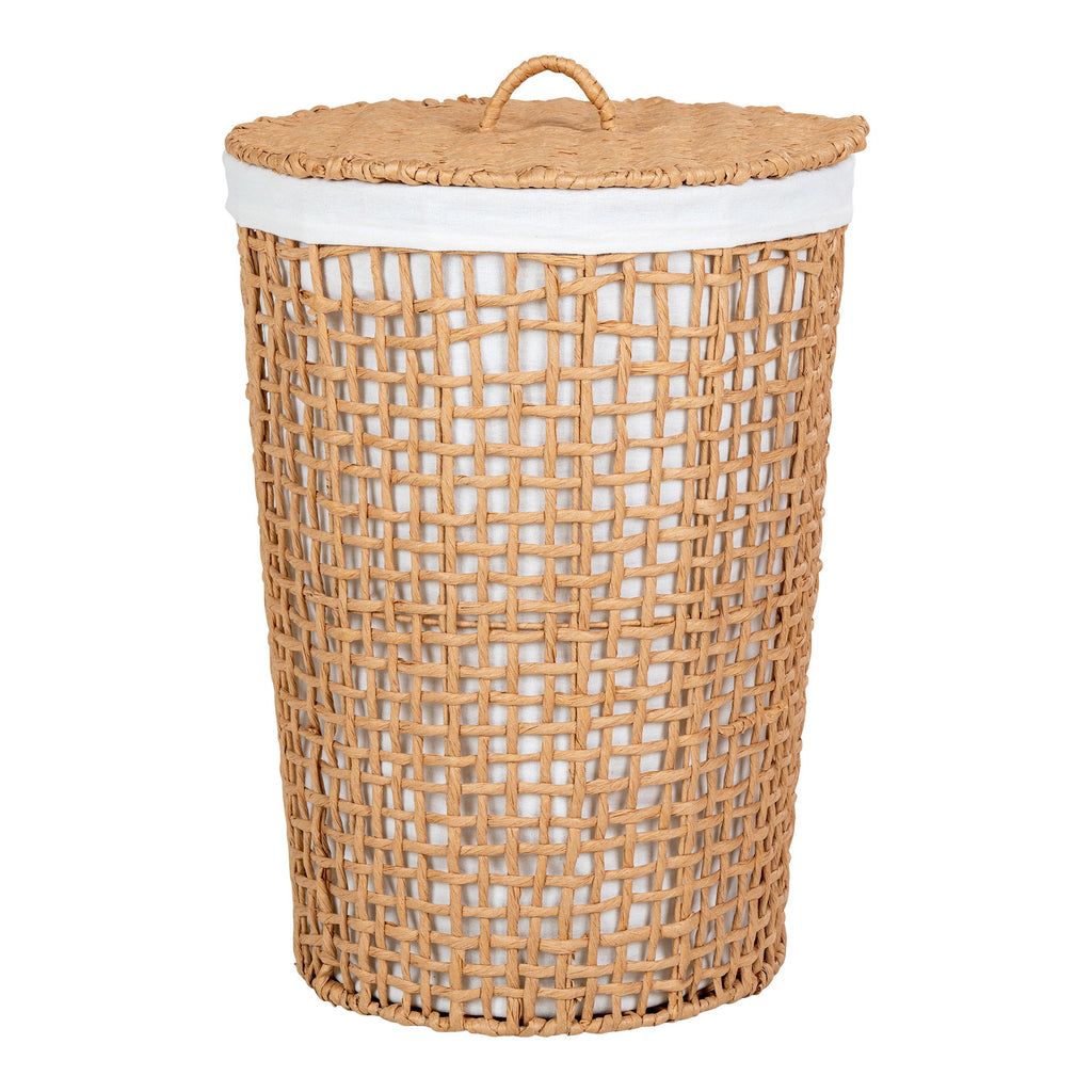 Panier à linge Pomal papier tressé naturel couvercle poignée doublure blanche Ø42x56 cm vue face