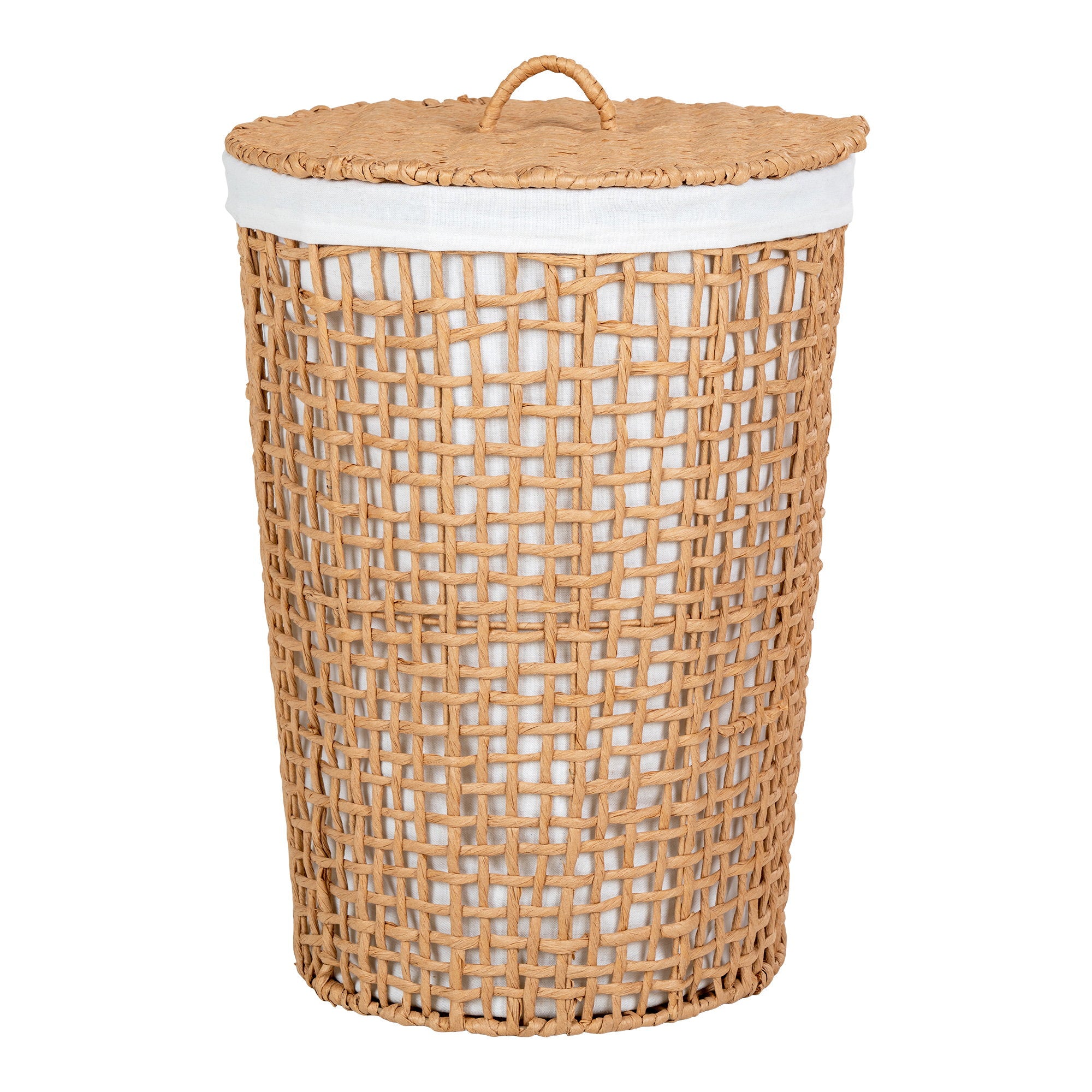 Panier à linge Pomal papier tressé naturel couvercle poignée doublure blanche Ø42x56 cm vue face