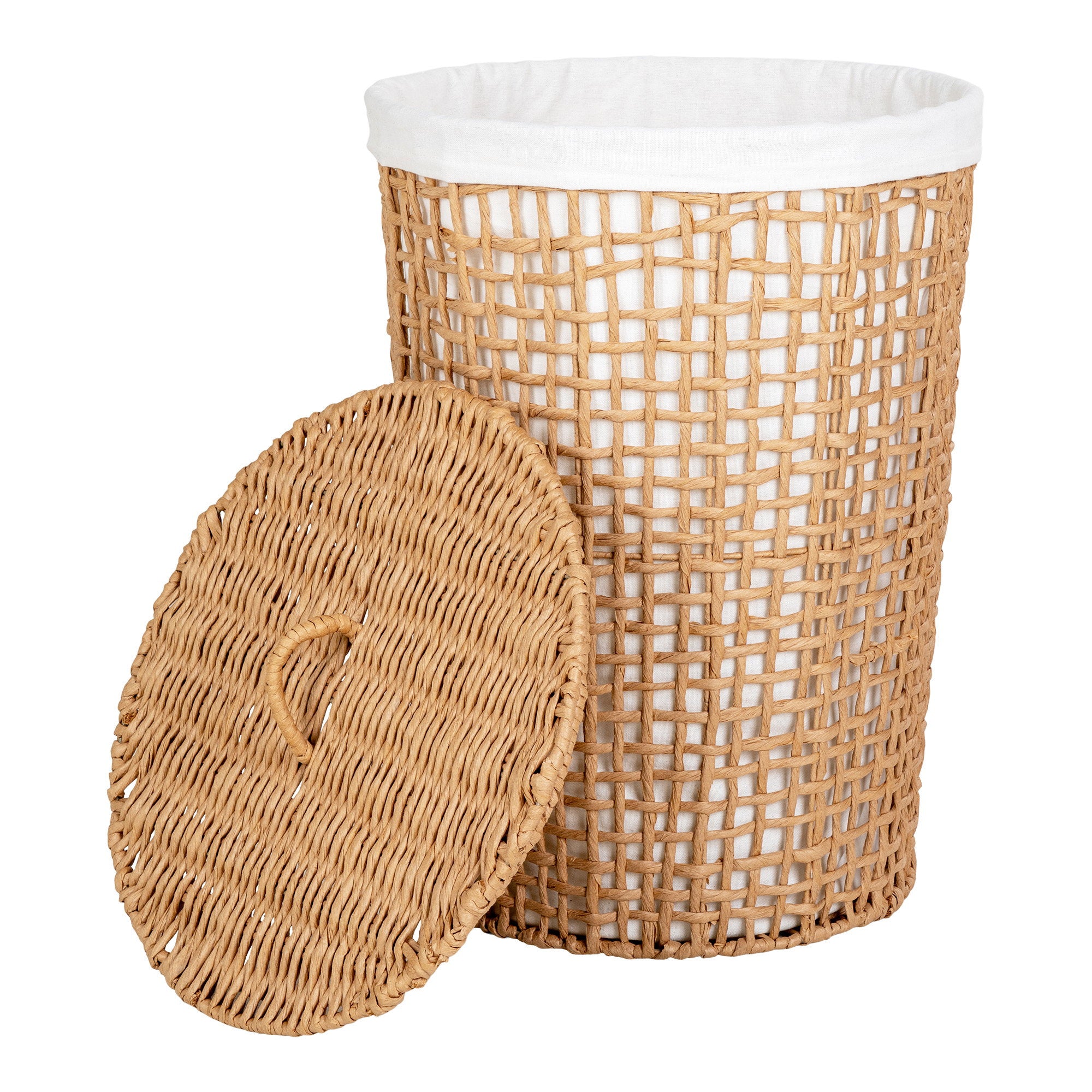 Panier Pomal papier tressé ajouré couvercle ouvert doublure coton blanche vue trois quarts