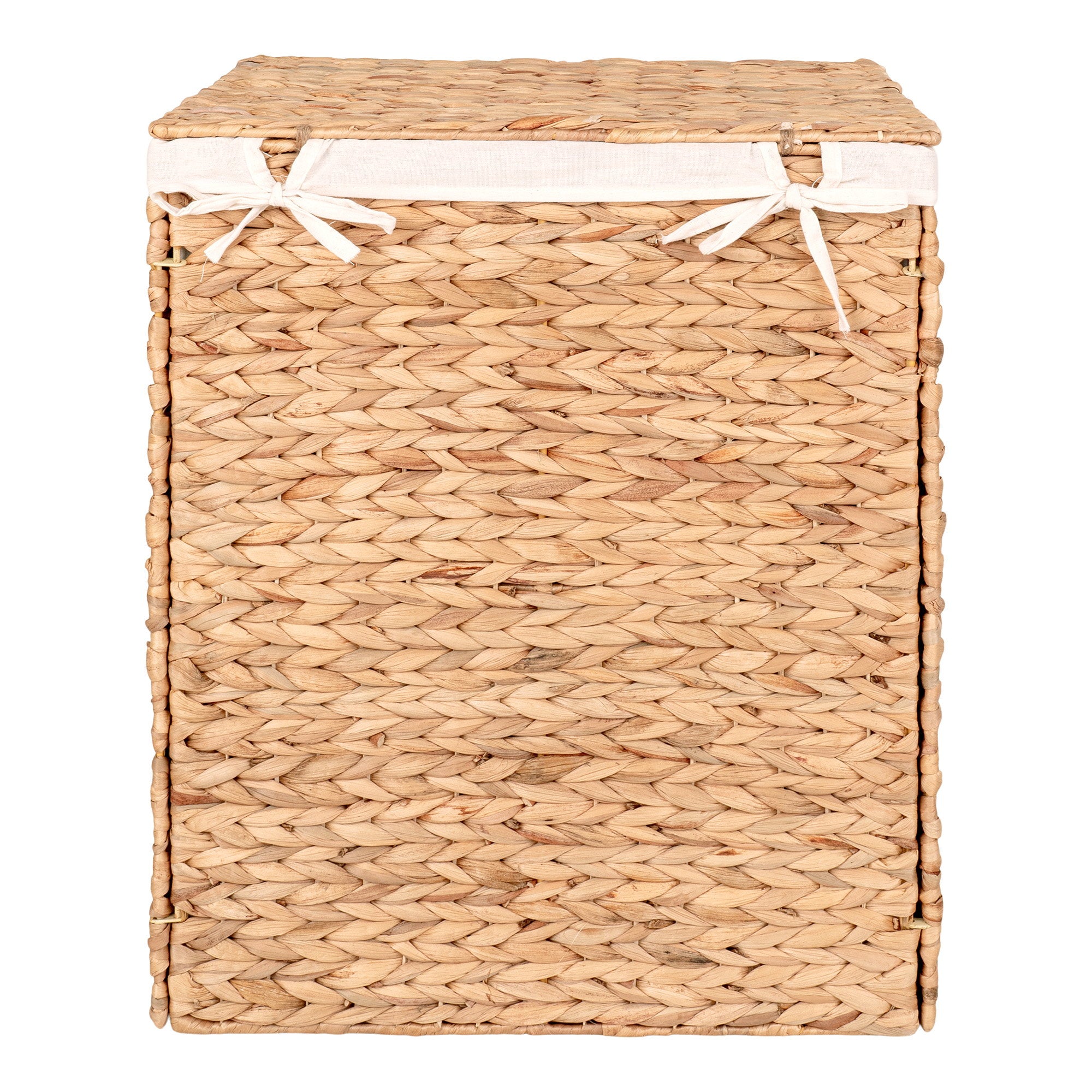 Détail doublure coton blanc liens noués panier linge Passo jacinthe eau naturelle
