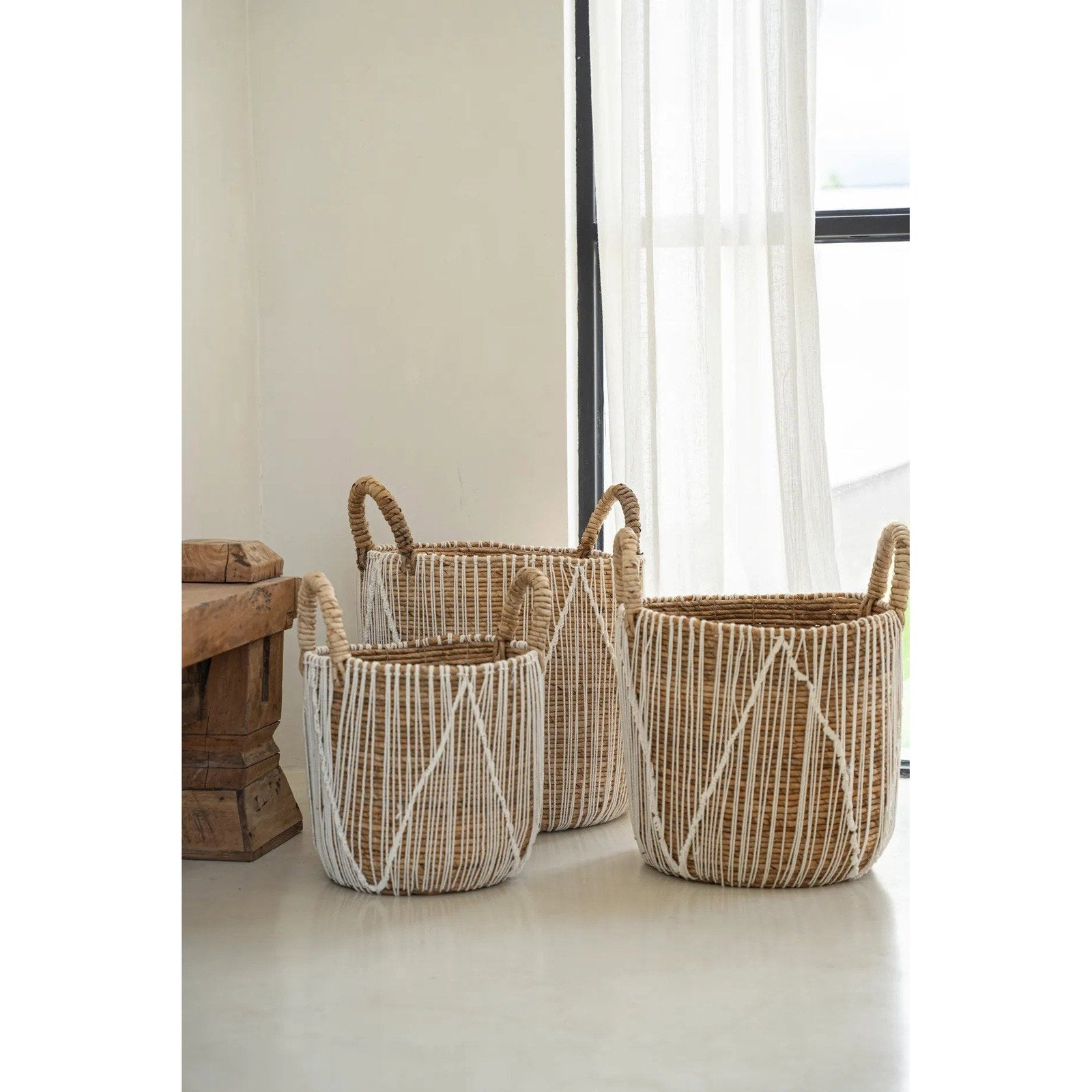 Panier macramé à points droits en coton et feuille de bananier, vue 4