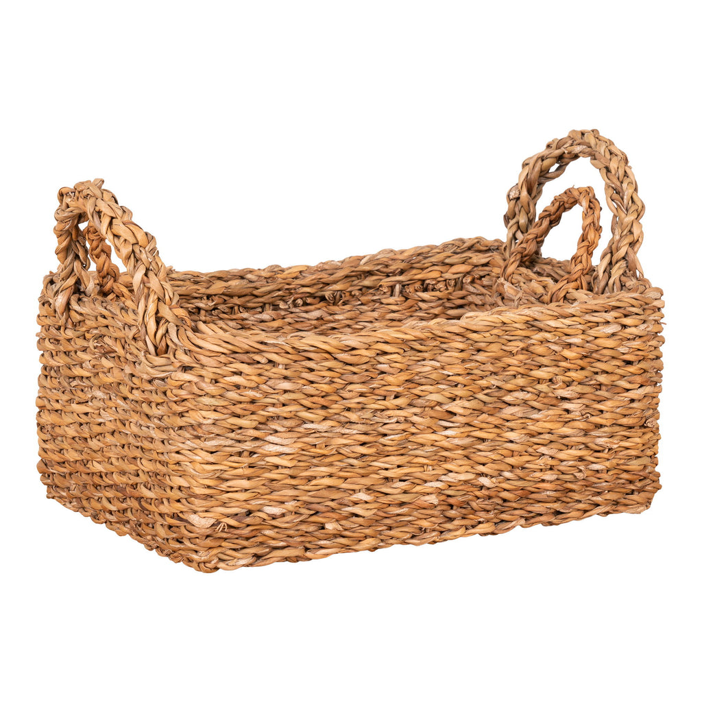 Grand panier rectangulaire Morella herbe mer tressée dorée anses rondes spiralées vue face