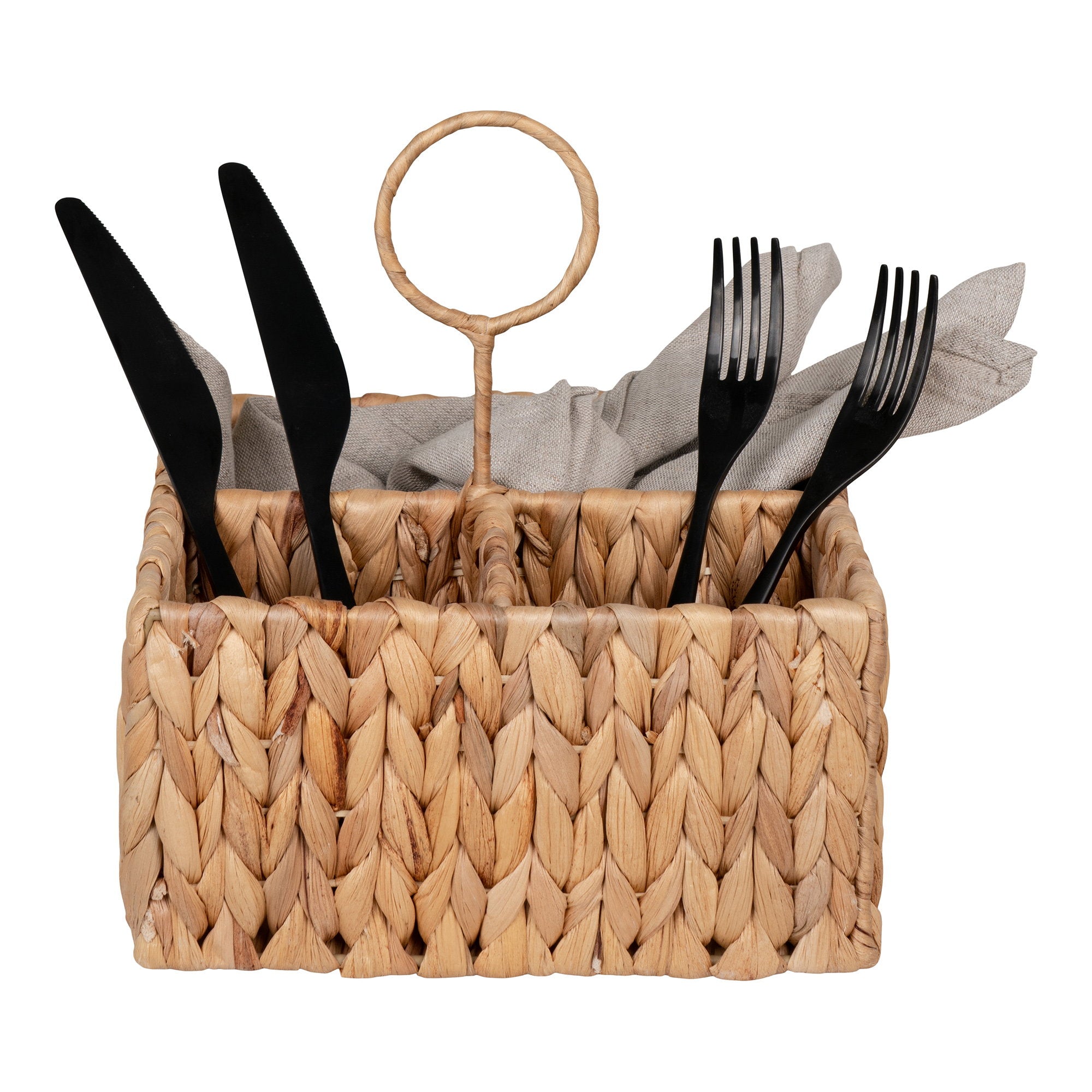 Panier Pleiku jacinthe eau tressée couverts noirs serviettes lin vue de face
