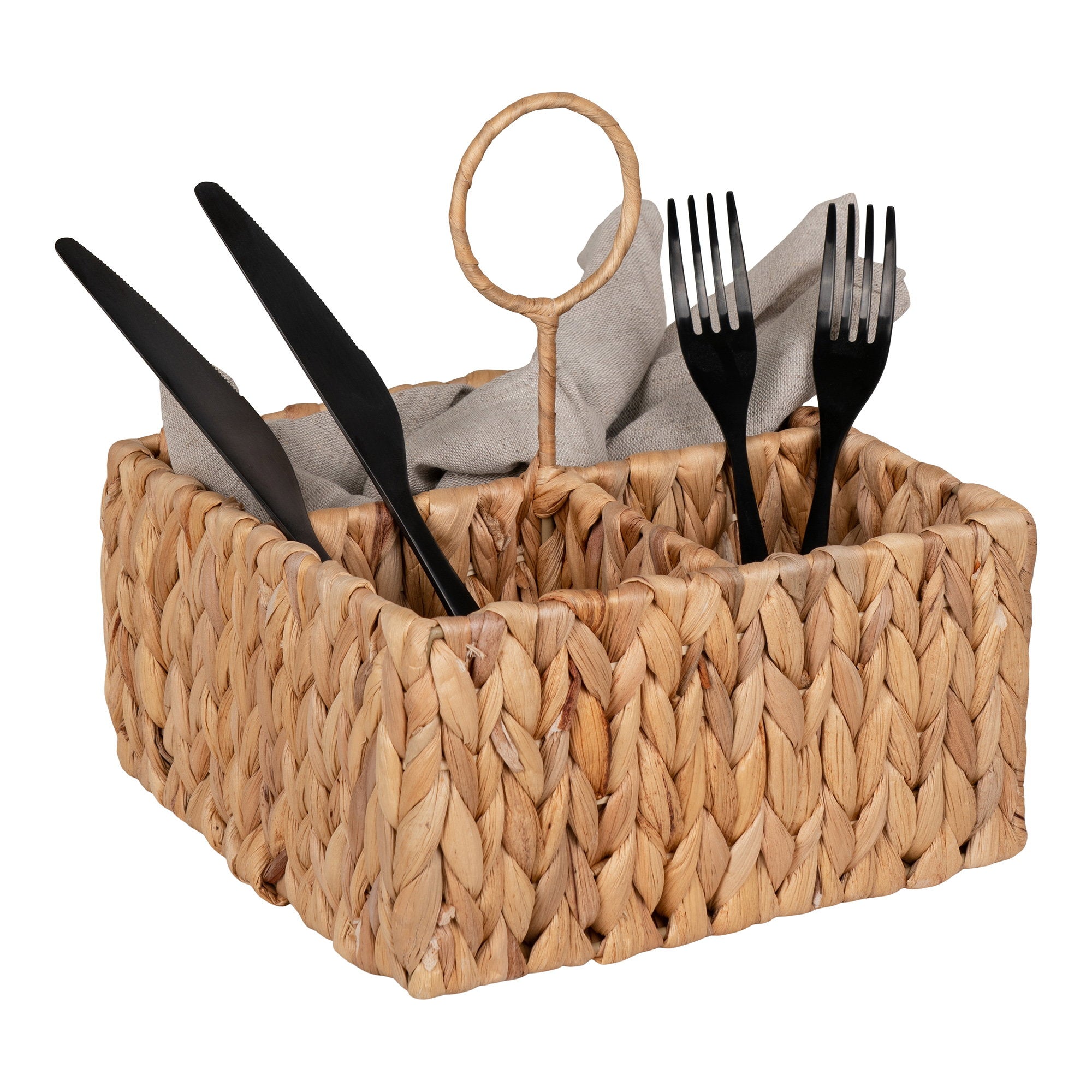 Panier Pleiku jacinthe eau avec couverts noirs et serviettes lin vue trois quarts