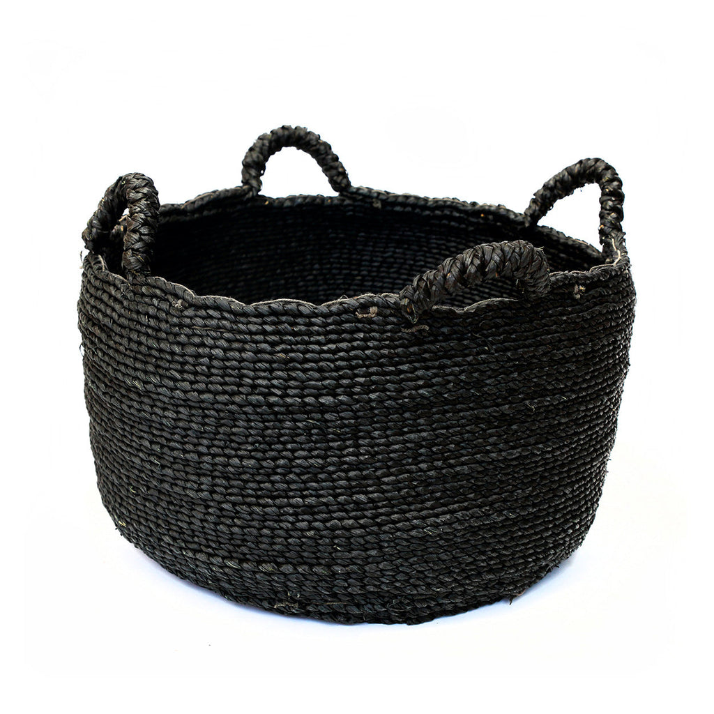 Panier plat Quatre Mains en jonc de mer noir grand modèle
