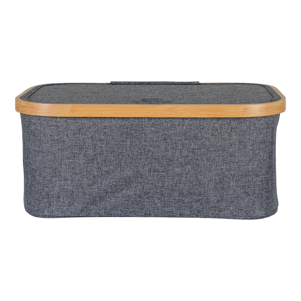 Panier Noto tissu chiné gris foncé et bambou vue latérale couvercle posé