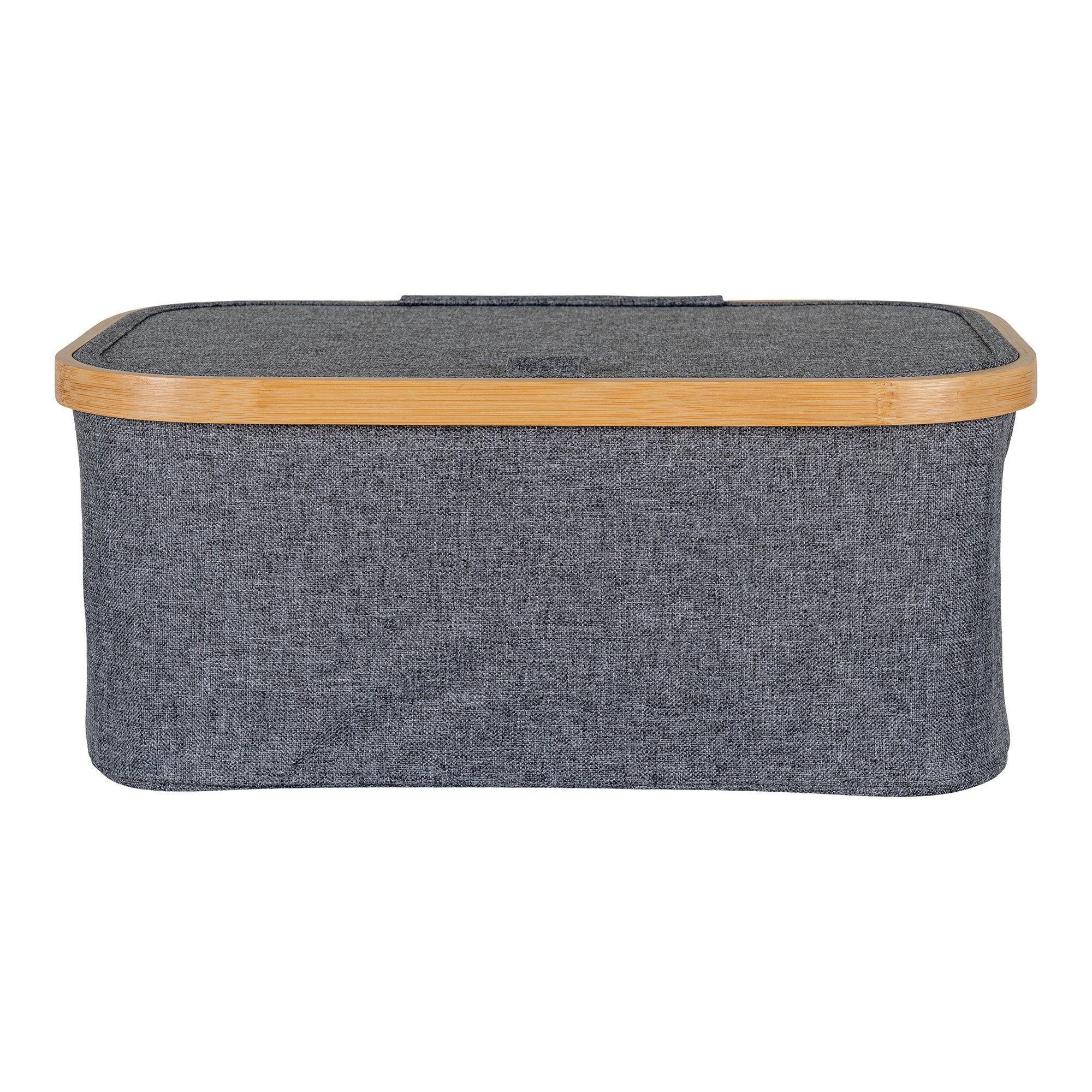 Panier Noto tissu chiné gris foncé et bambou vue latérale couvercle posé