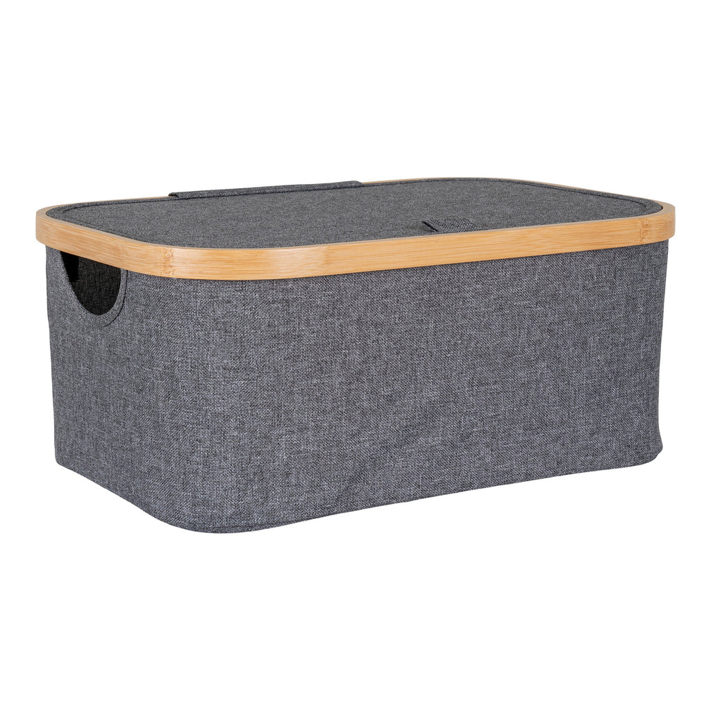 Panier rangement Noto gris foncé bordure bambou avec couvercle vue trois quarts