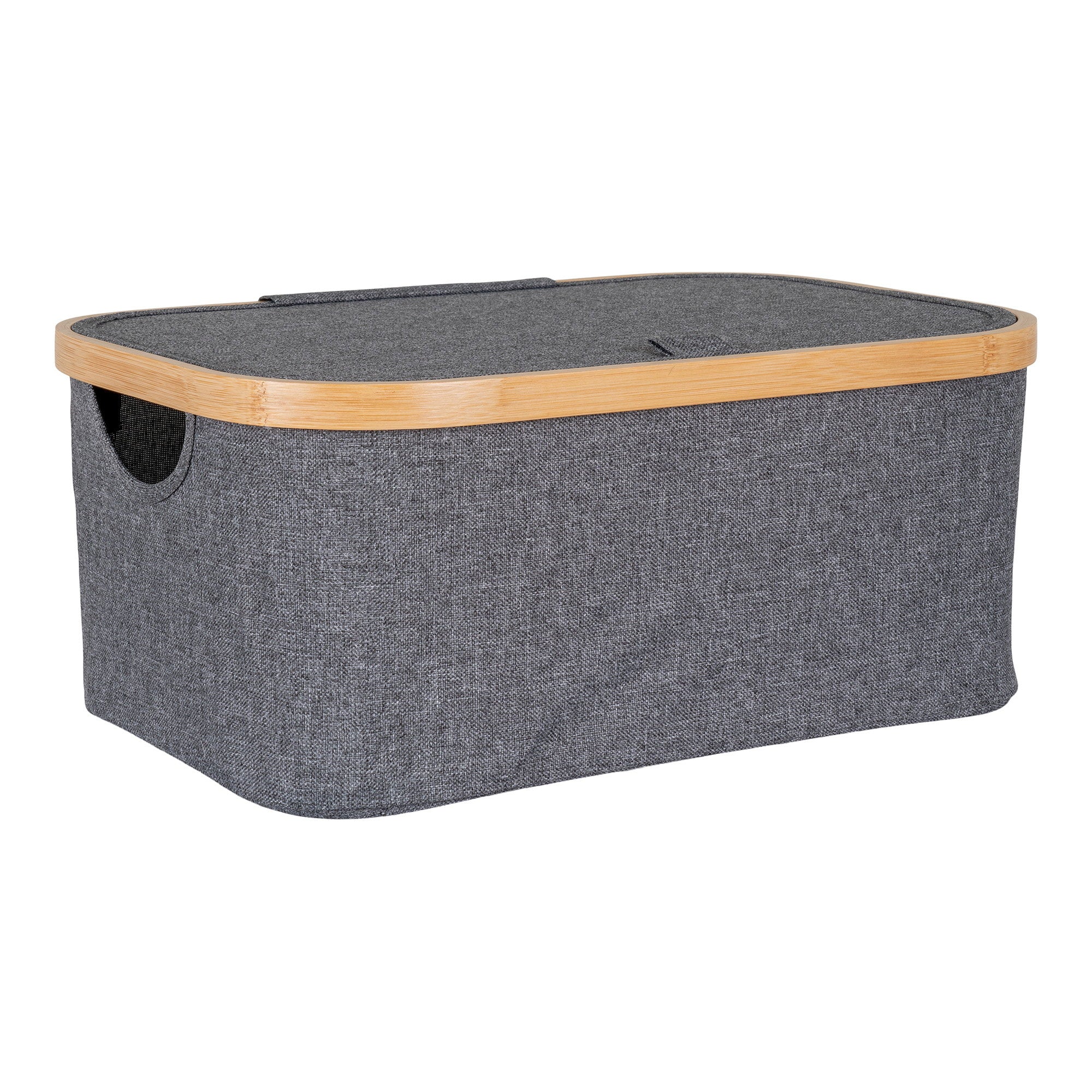 Panier rangement Noto gris foncé bordure bambou avec couvercle vue trois quarts