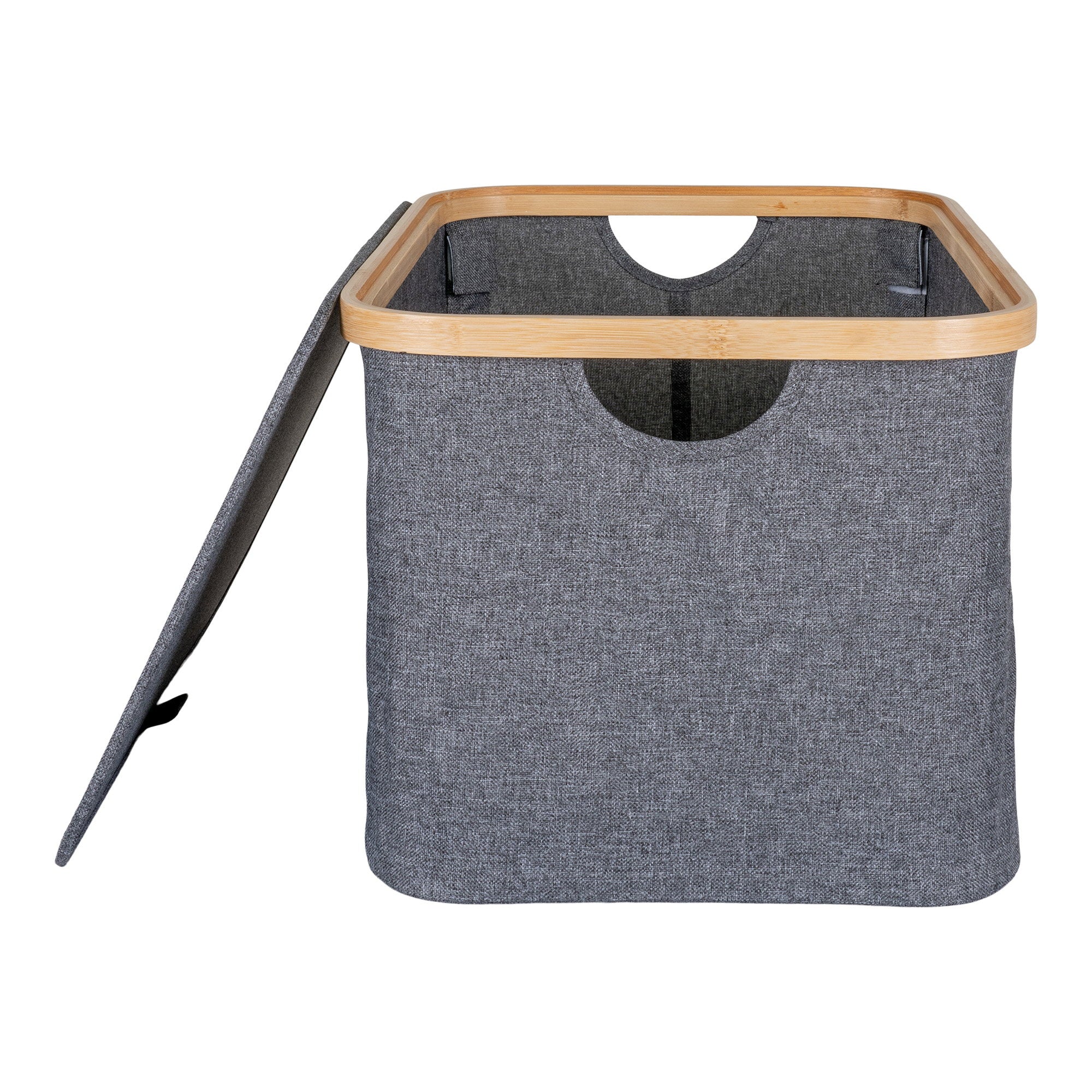 Panier Noto gris foncé bambou couvercle ouvert poignées intégrées vue angle