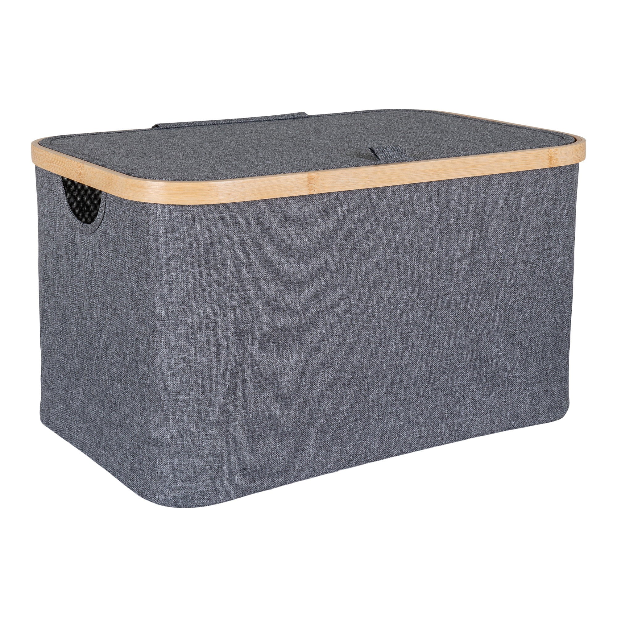 Panier Noto textile gris foncé cadre bambou avec couvercle vue trois quarts 45x30x25 cm