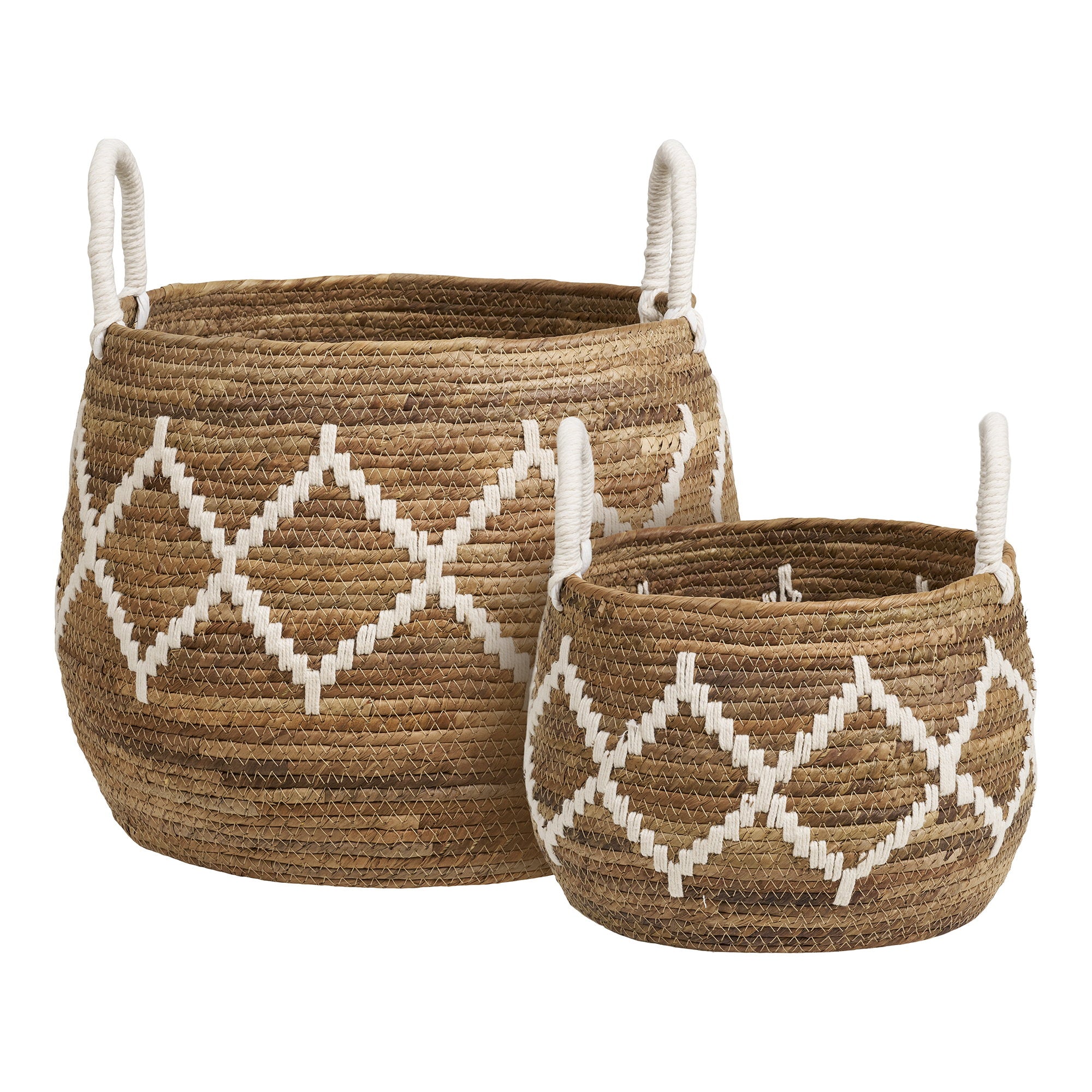 Paniers Altea tressés feuille bananier motif géométrique ivoire anses corde vue trois quarts