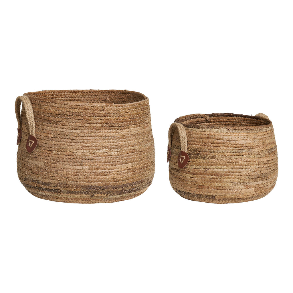 Set 2 paniers Aosta feuille bananier naturel médaillon cuir cognac anses jute vue face