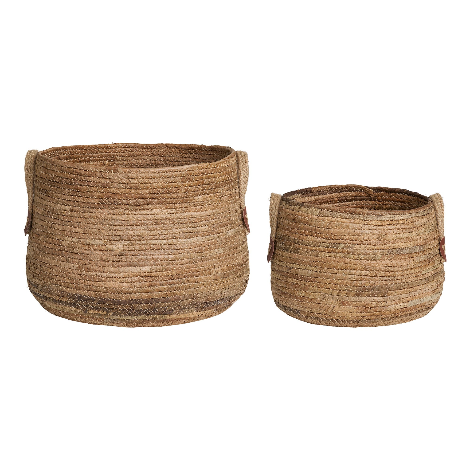 Set paniers Aosta bananier naturel monochrome vue de côté médaillon cognac anses jute