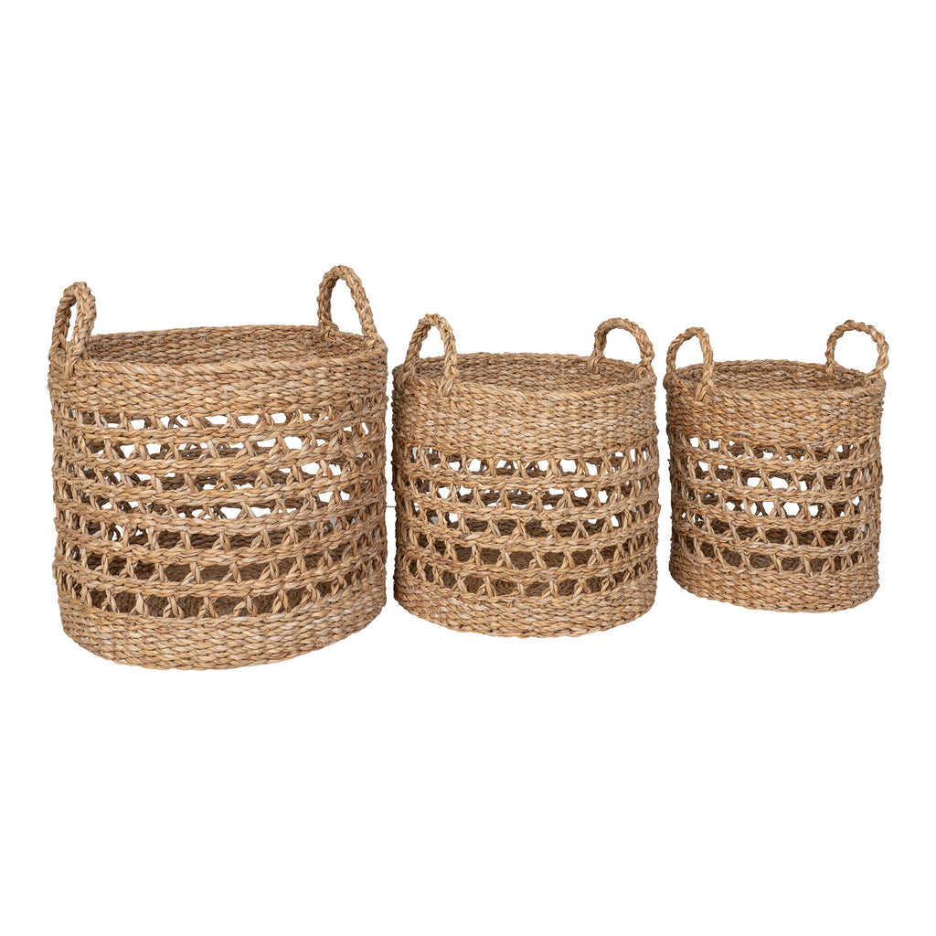 Set 3 paniers Balok seagrass maille losangée naturel rangs denses vue de face