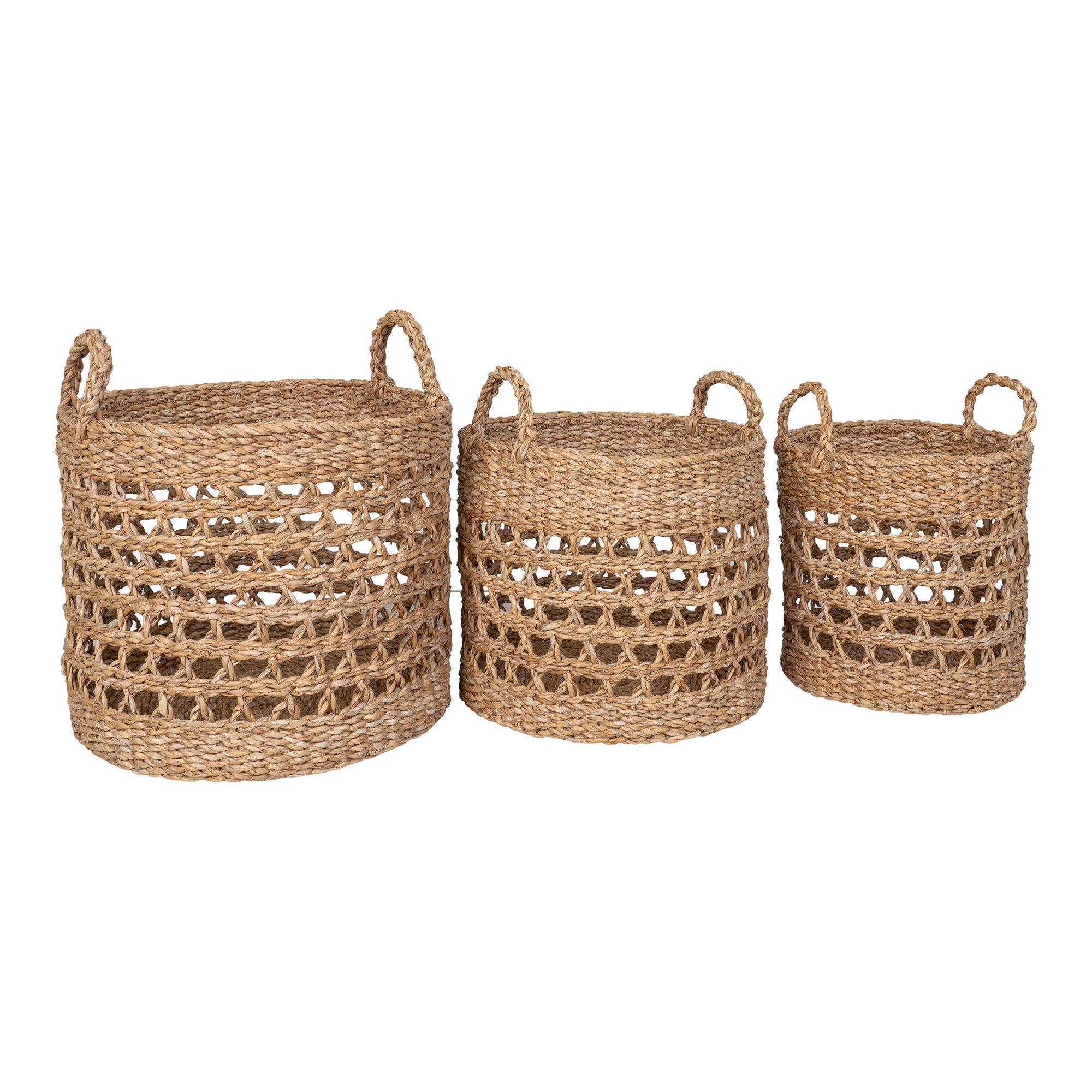 Set 3 paniers Balok seagrass maille losangée naturel rangs denses vue de face