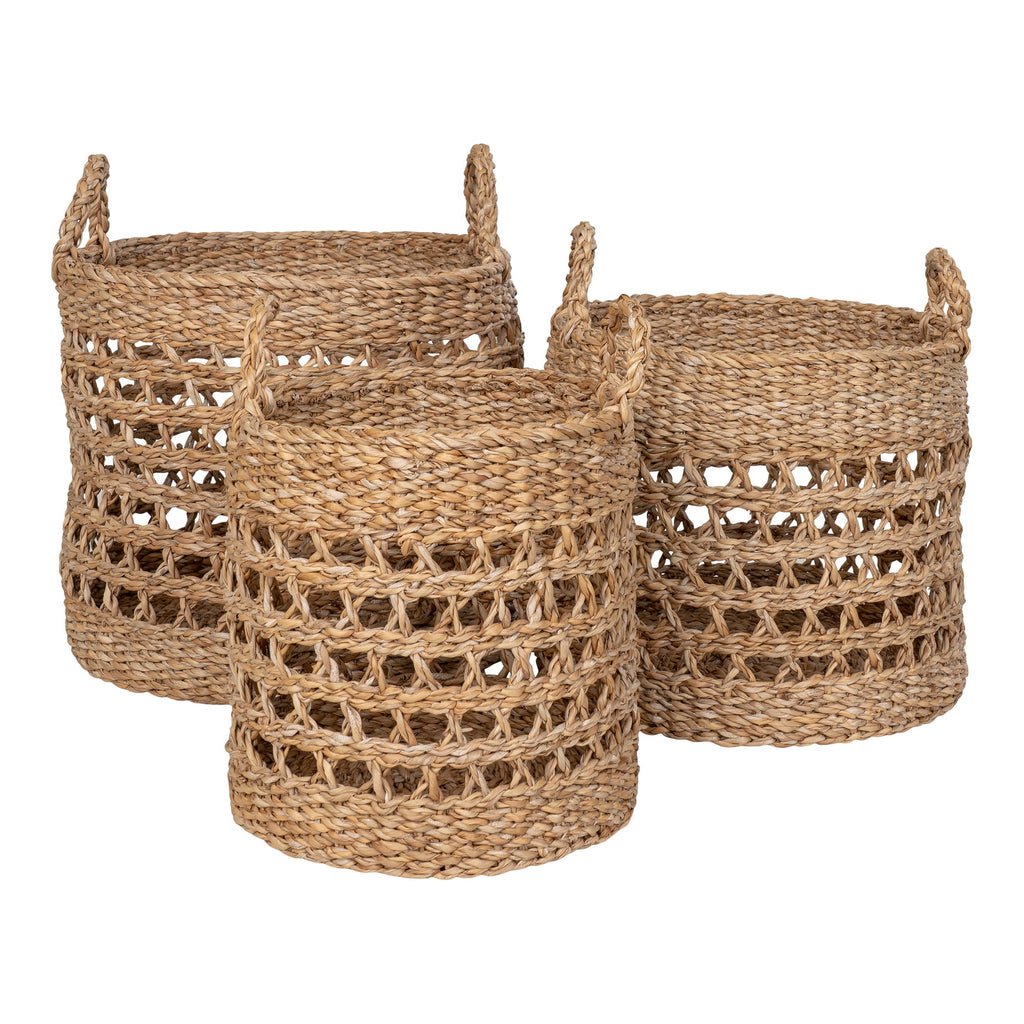 Set 3 paniers Balok herbe de mer ajourée naturelle anses doubles vue trois quarts