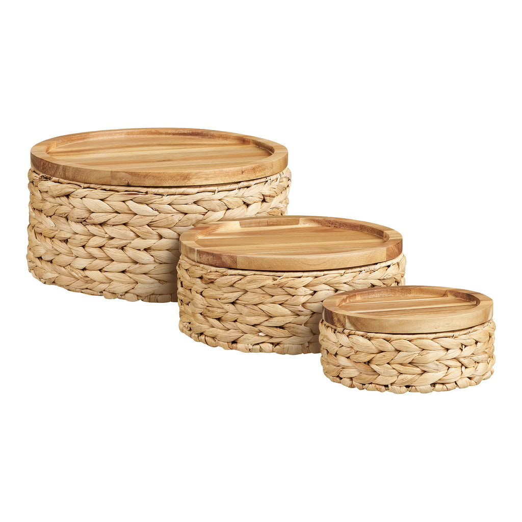 Set 3 paniers ronds Botofte jacinthe eau naturelle couvercle bois massif vue trois quarts