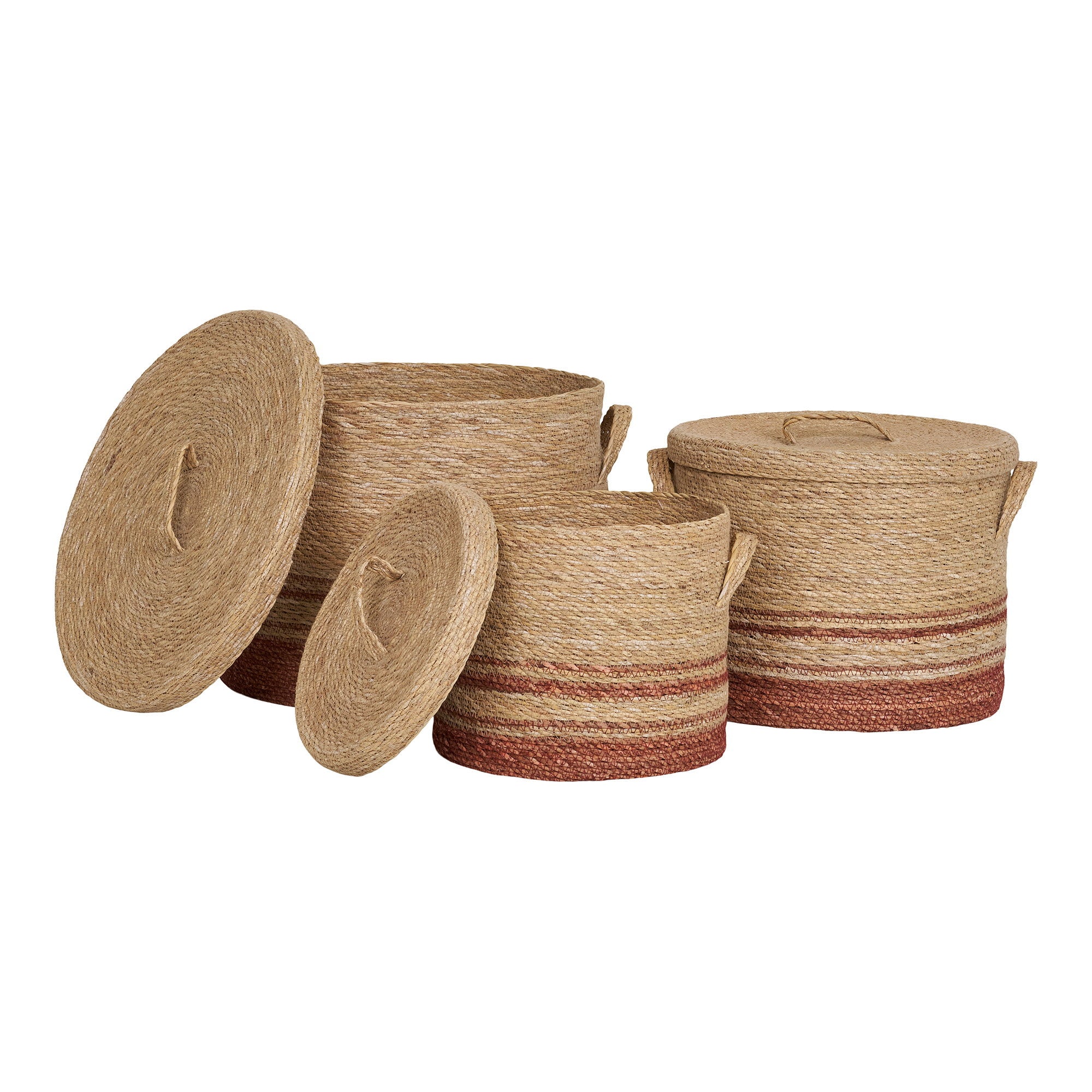 Set paniers Budoni herbe mer couvercles posés ouverts tressage naturel brique visible