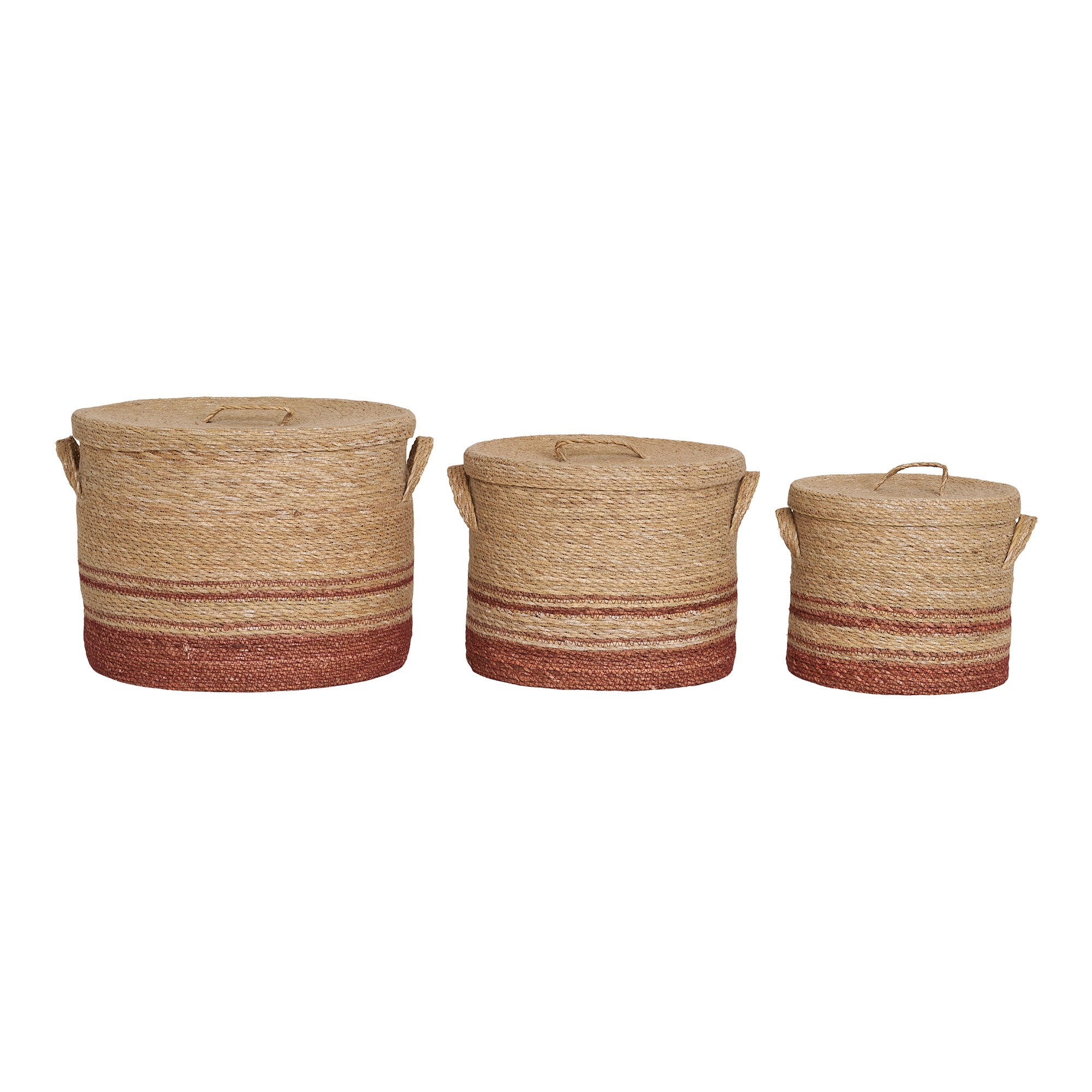 Set 3 paniers Budoni herbe de mer naturel bandes brique couvercle tressé vue de face