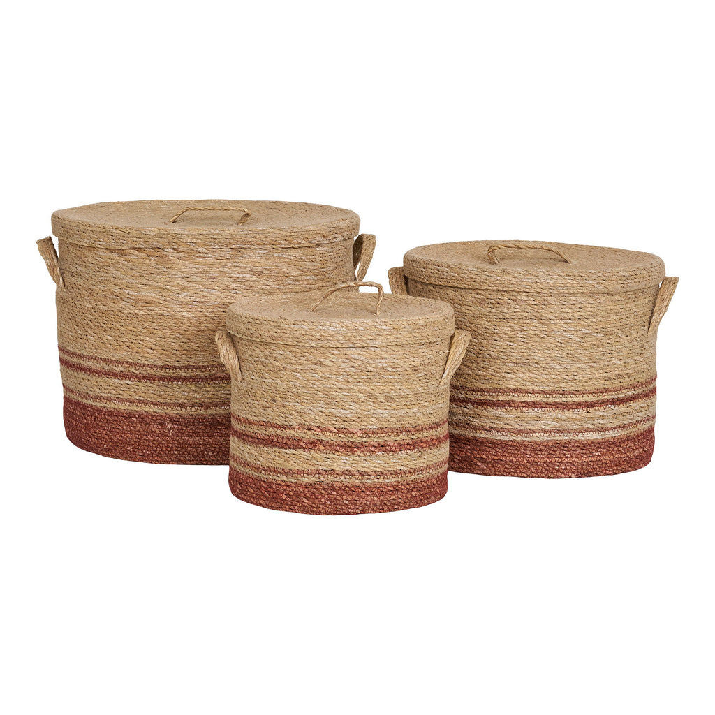 Paniers Budoni seagrass naturel terracotta brique 3 tailles couvercle anses vue trois quarts