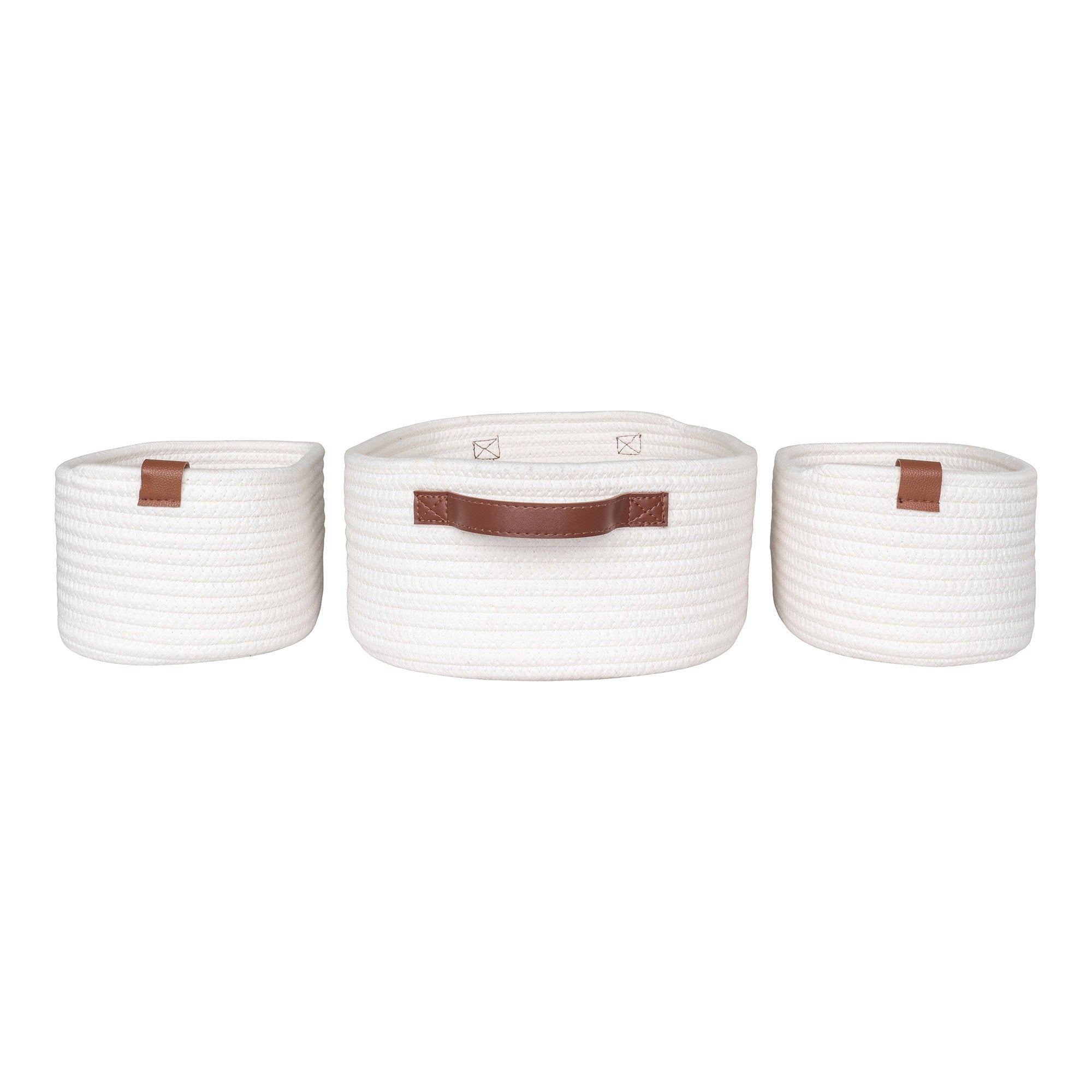 Paniers Jarana coton blanc tressé set 3 formats vue de face anses simili-cuir