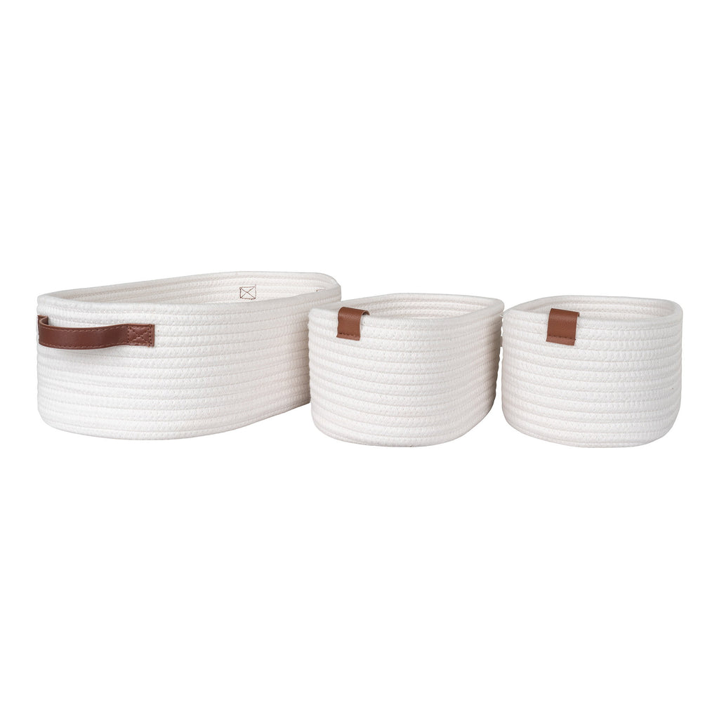 Lot 3 paniers coton tressé blanc Jarana anses cuir cognac vue trois quarts
