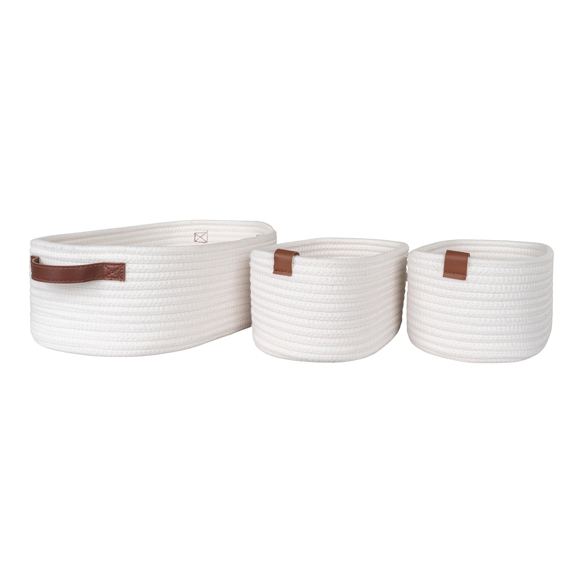 Lot 3 paniers coton tressé blanc Jarana anses cuir cognac vue trois quarts