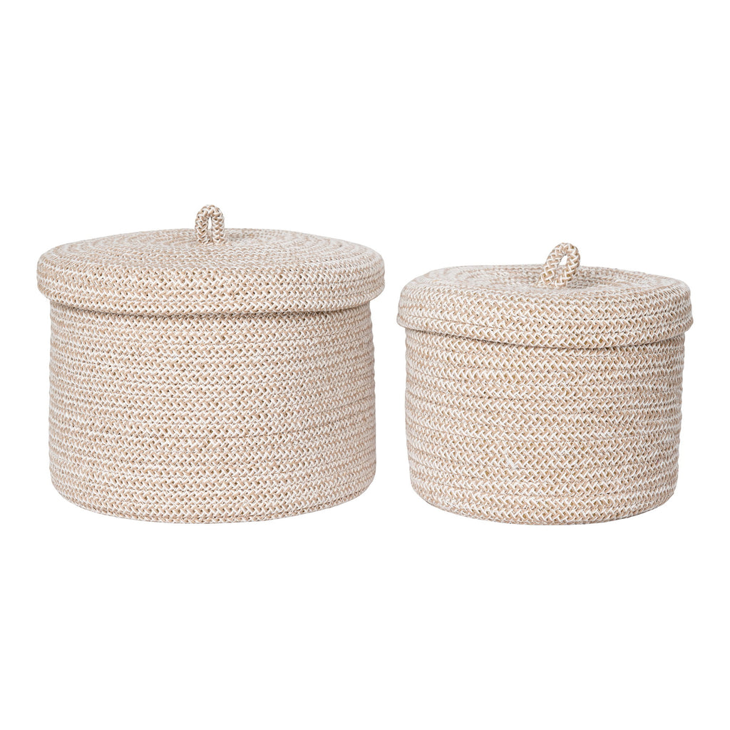 Paniers ronds Sebal coton tressé beige set de 2 avec couvercle poignée nouée vue de face