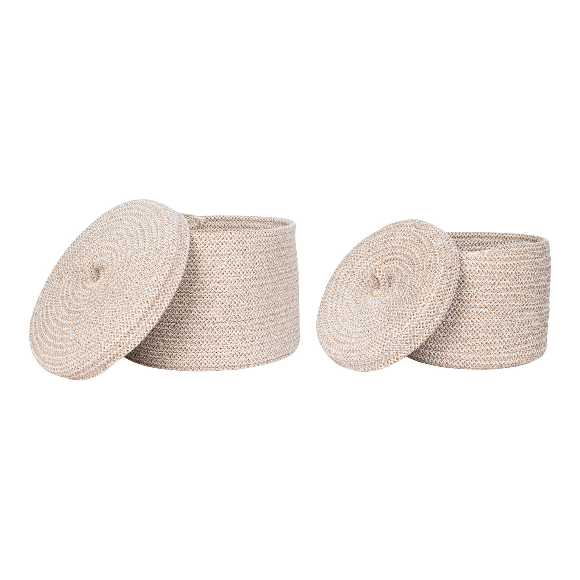 Set 2 paniers Sebal coton tressé beige couvercles ouverts intérieur vue trois quarts