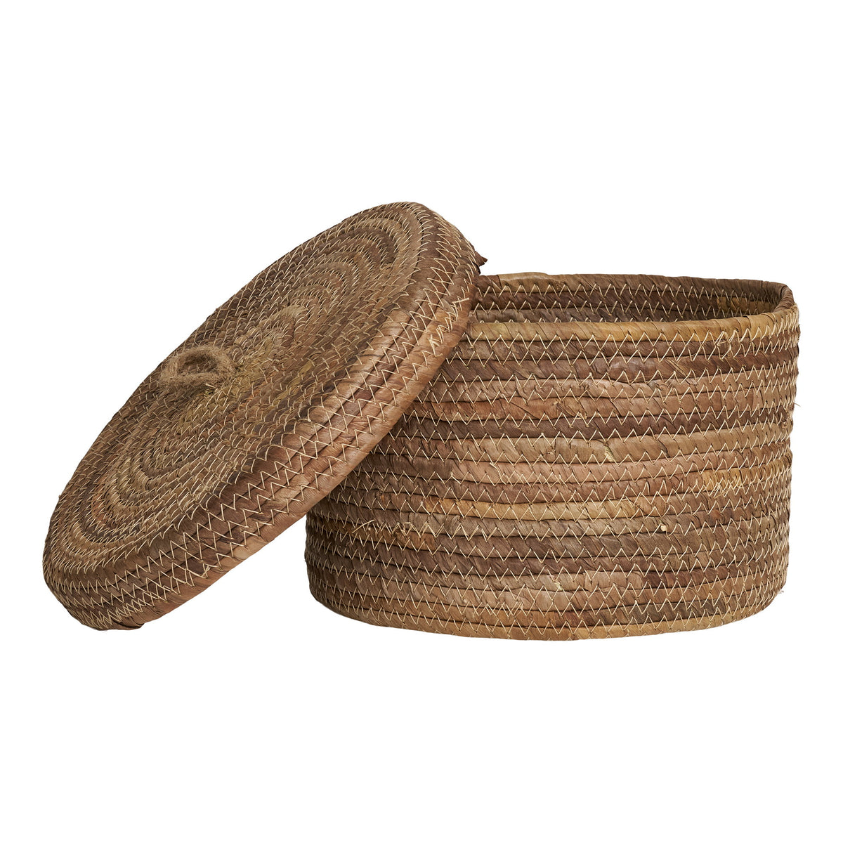 Panier Desio ouvert et son couvercle à anse en corde posé contre la panse