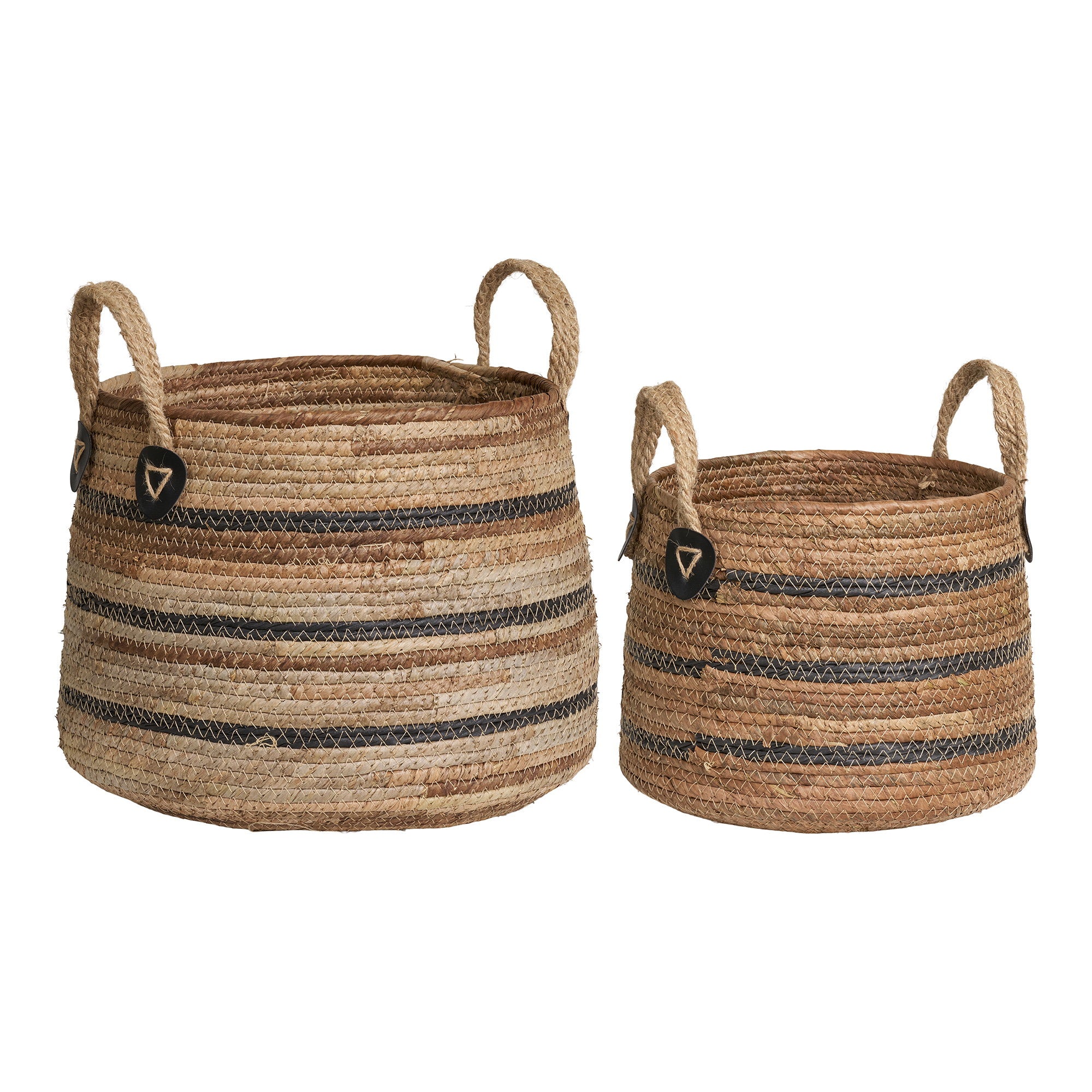 Set 2 paniers Erba feuille bananier rayures noires anses jute médaillon cuir vue face