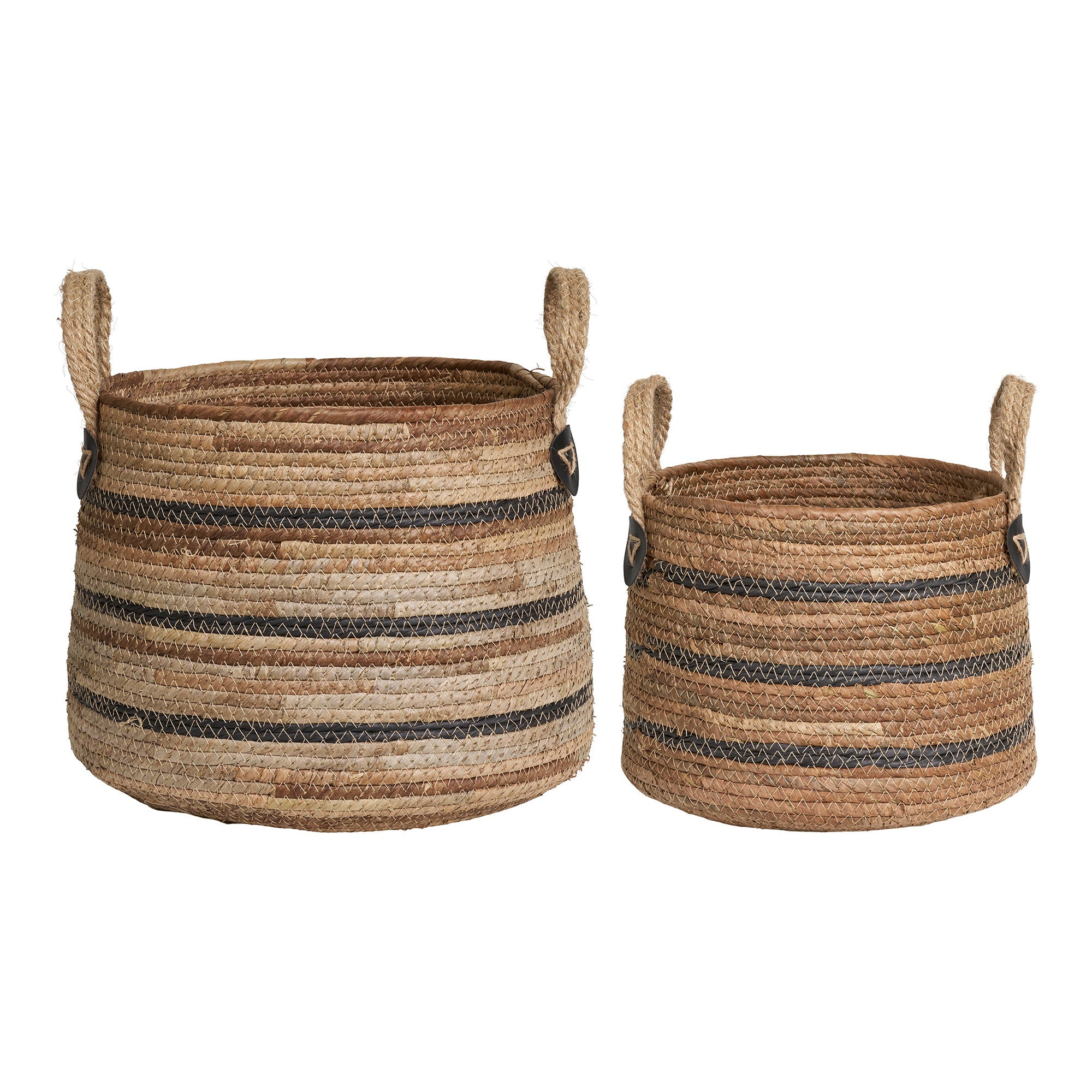 Set paniers Erba bananier naturel rayures noires vue trois quarts verso anses jute