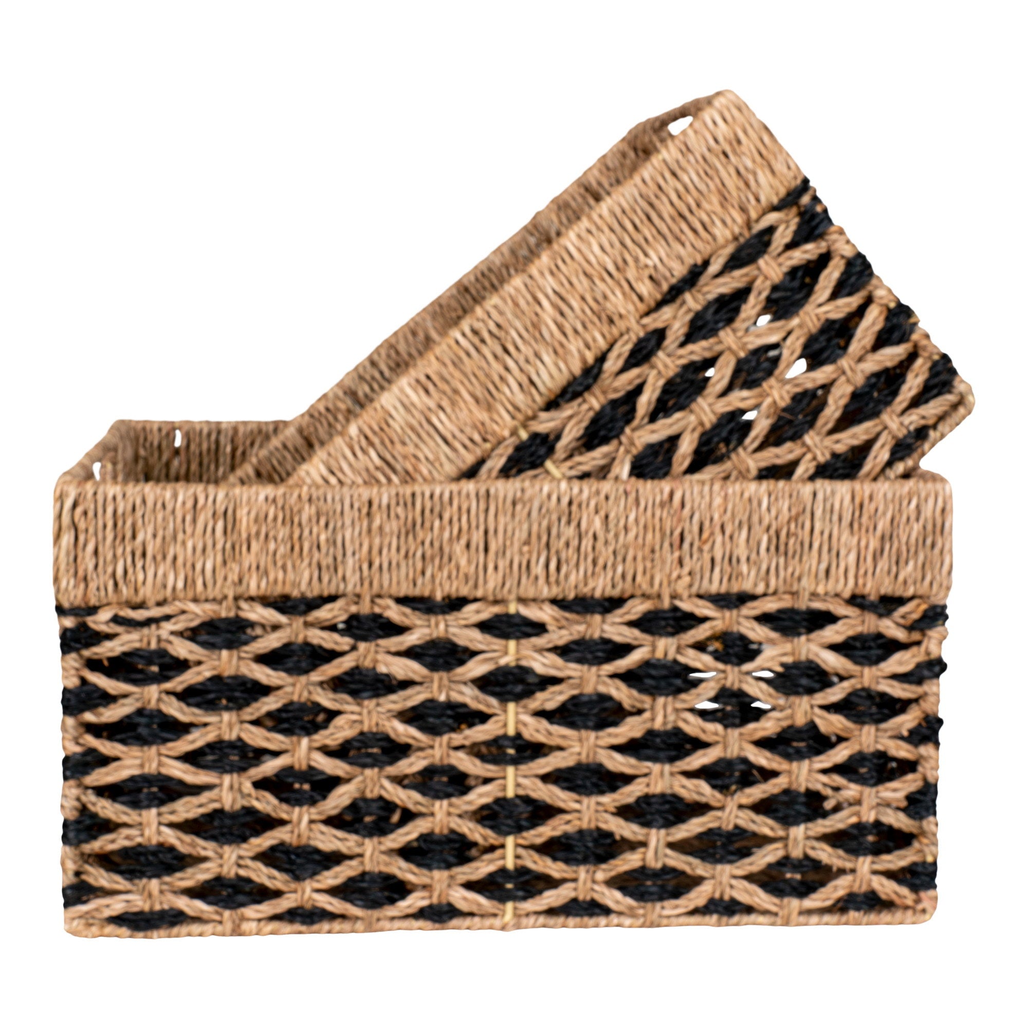 Détail tressage losange bicolore jonc de mer noir naturel panier Salar