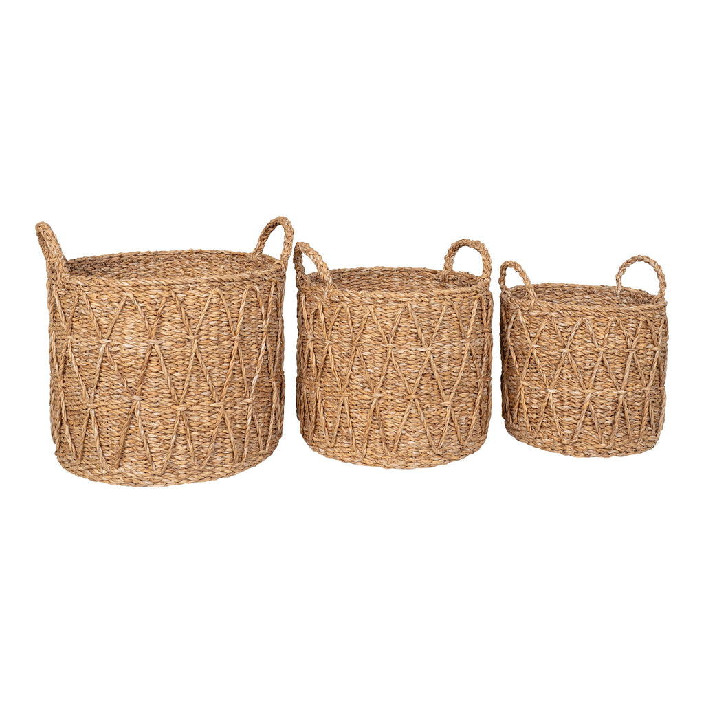 Set 3 paniers Krabi seagrass motif losanges relief naturel vue de face formatS M L