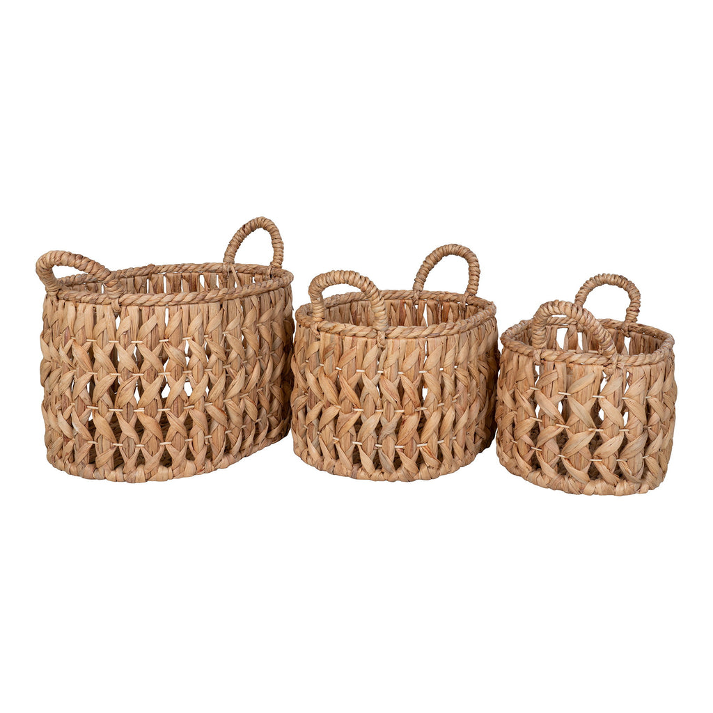 Set 3 paniers ronds Balerma jacinthe d'eau tressée ajourée losangée vue de face alignés
